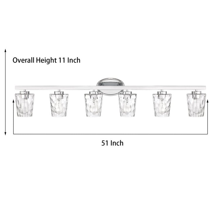 Applique salle de bain à 6 lumières LED à intensité variable, style moderne du milieu du siècle, avec verre décoratif - 51 pouces