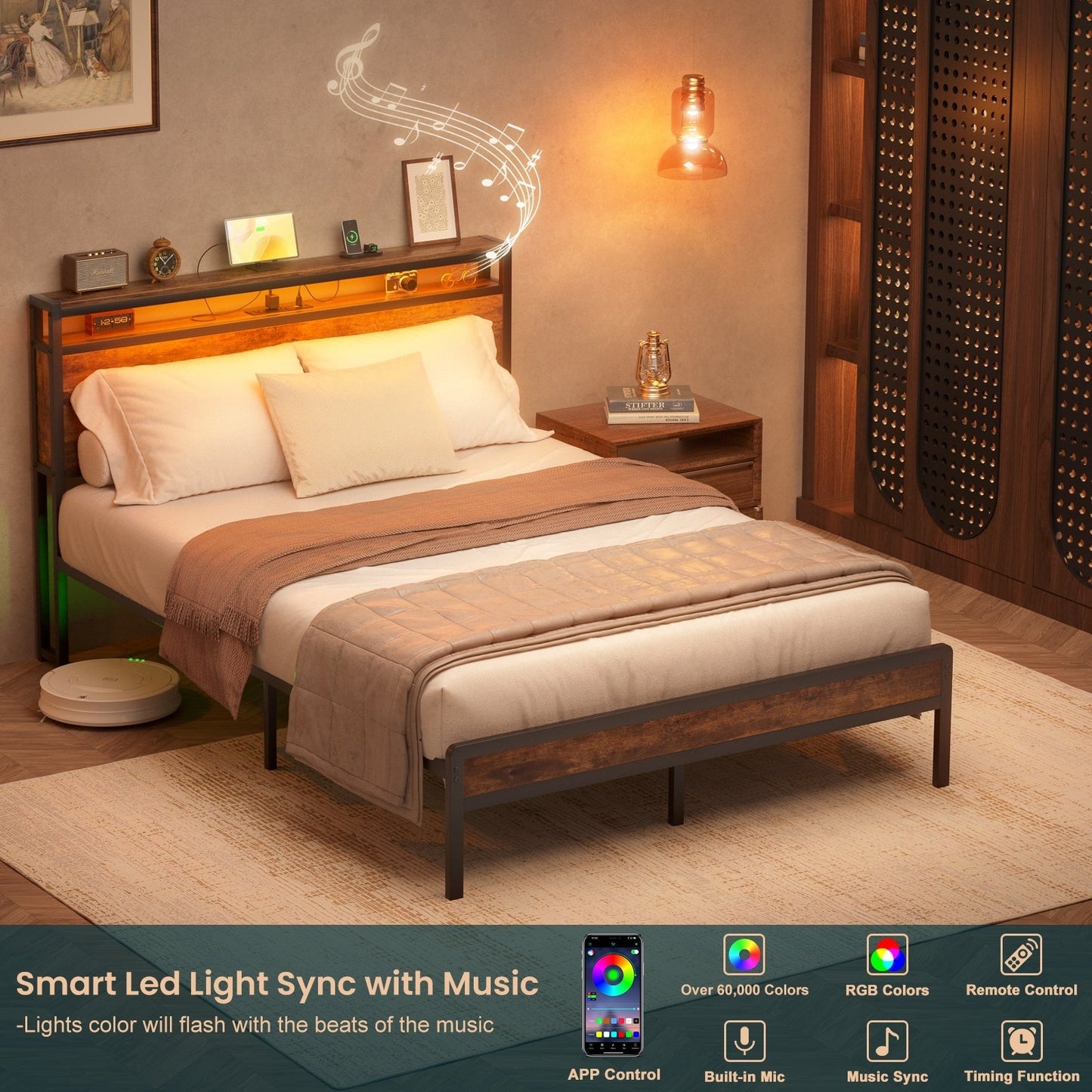 Cadre de lit plateforme en bois de style farmhouse avec station de recharge et lumières LED