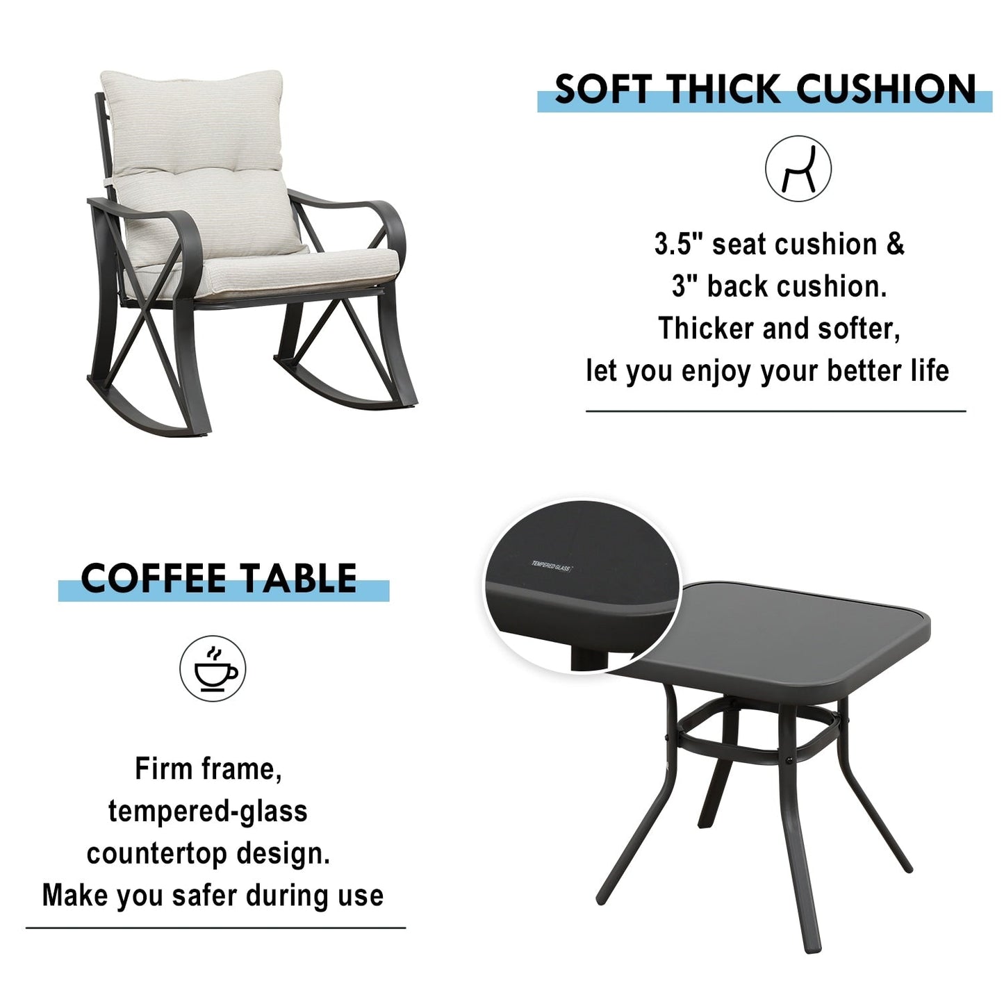 COSIEST Ensemble de conversation 3 pièces pour extérieur avec chaises à bascule et table d'appoint
