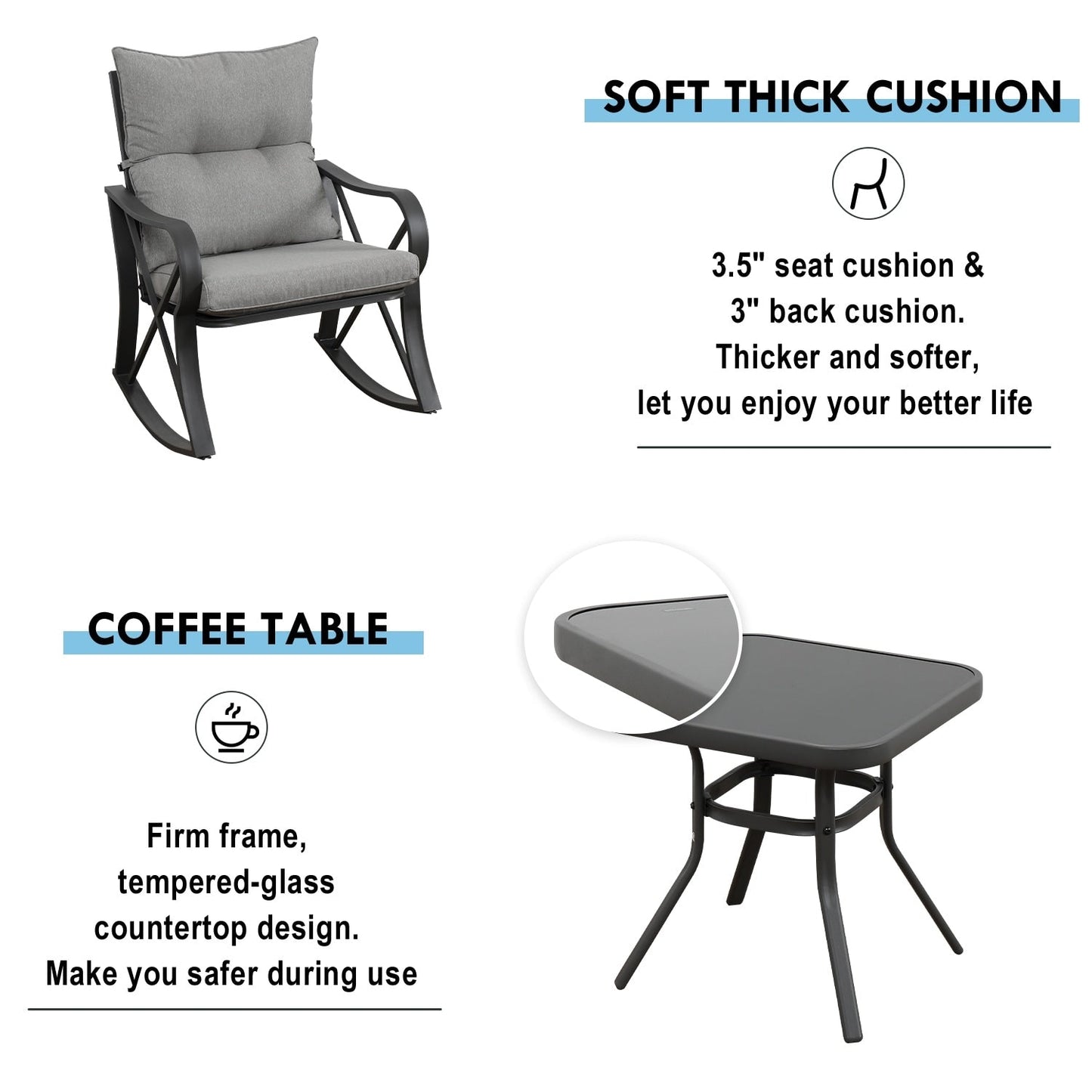 COSIEST Ensemble de conversation 3 pièces pour extérieur avec chaises à bascule et table d'appoint