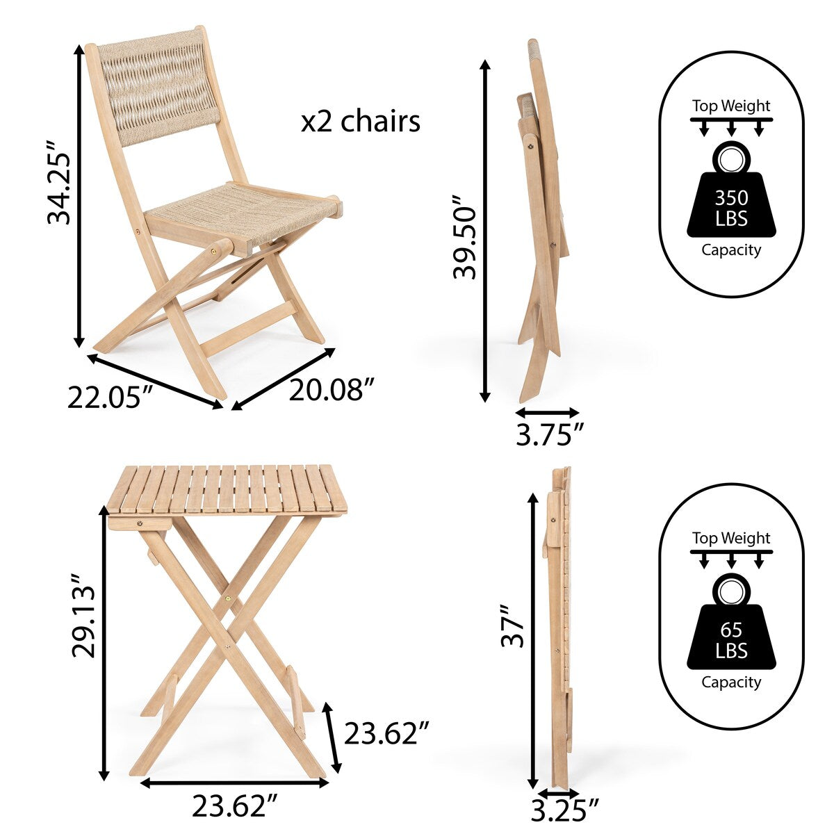Cadiz Ensemble de bistro extérieur pliable en acacia à 3 pièces, style côtier moderne, par JONATHAN Y