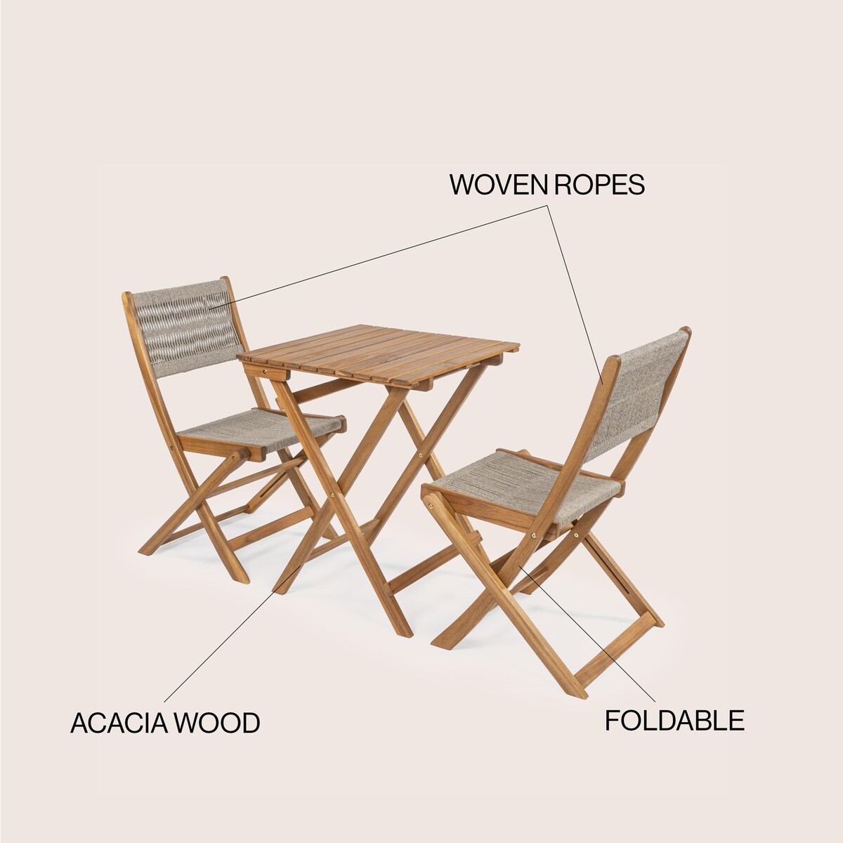 Cadiz Ensemble de bistro extérieur pliable en acacia à 3 pièces, style côtier moderne, par JONATHAN Y
