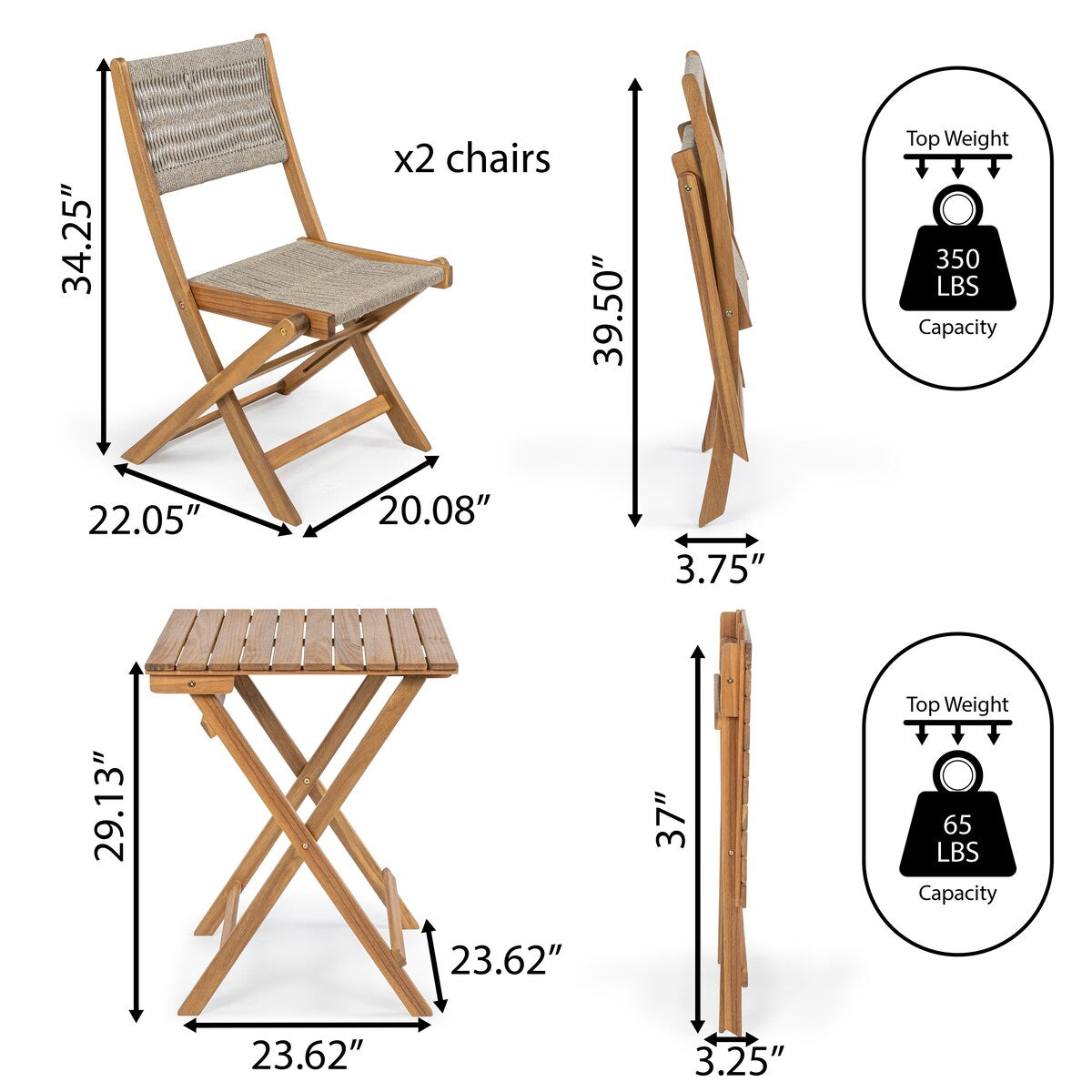 Cadiz Ensemble de bistro extérieur pliable en acacia à 3 pièces, style côtier moderne, par JONATHAN Y