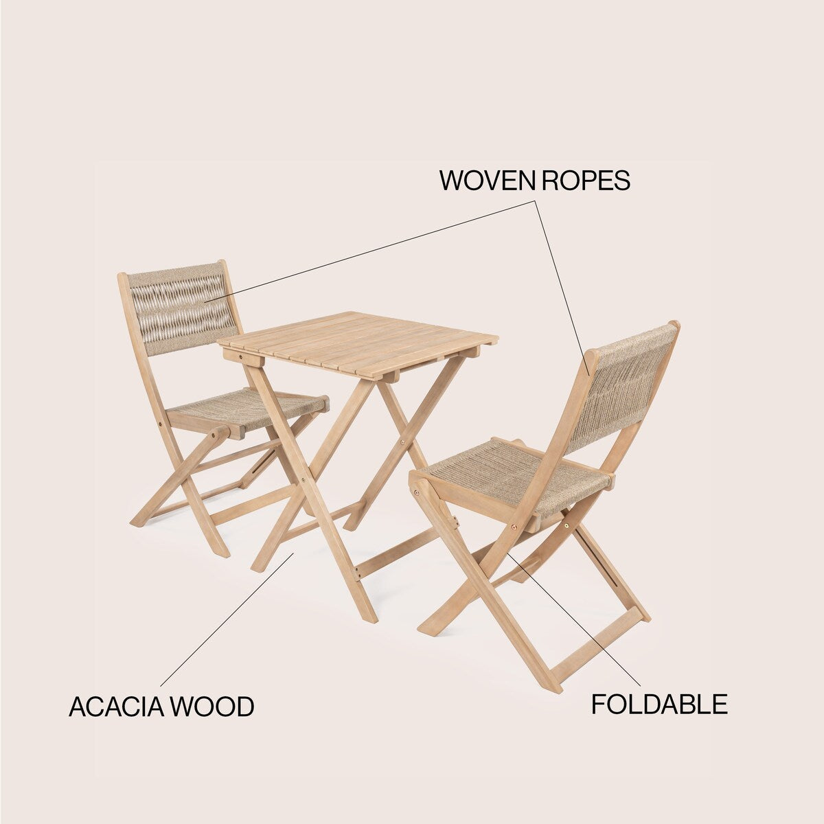 Cadiz Ensemble de bistro extérieur pliable en acacia à 3 pièces, style côtier moderne, par JONATHAN Y