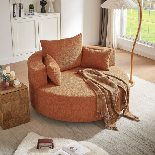 Fauteuil de salon en forme de tonneau avec accoudoirs en chenille, chaise de salon ronde avec base pivotante à 360 degrés et 3 coussins amovibles.
