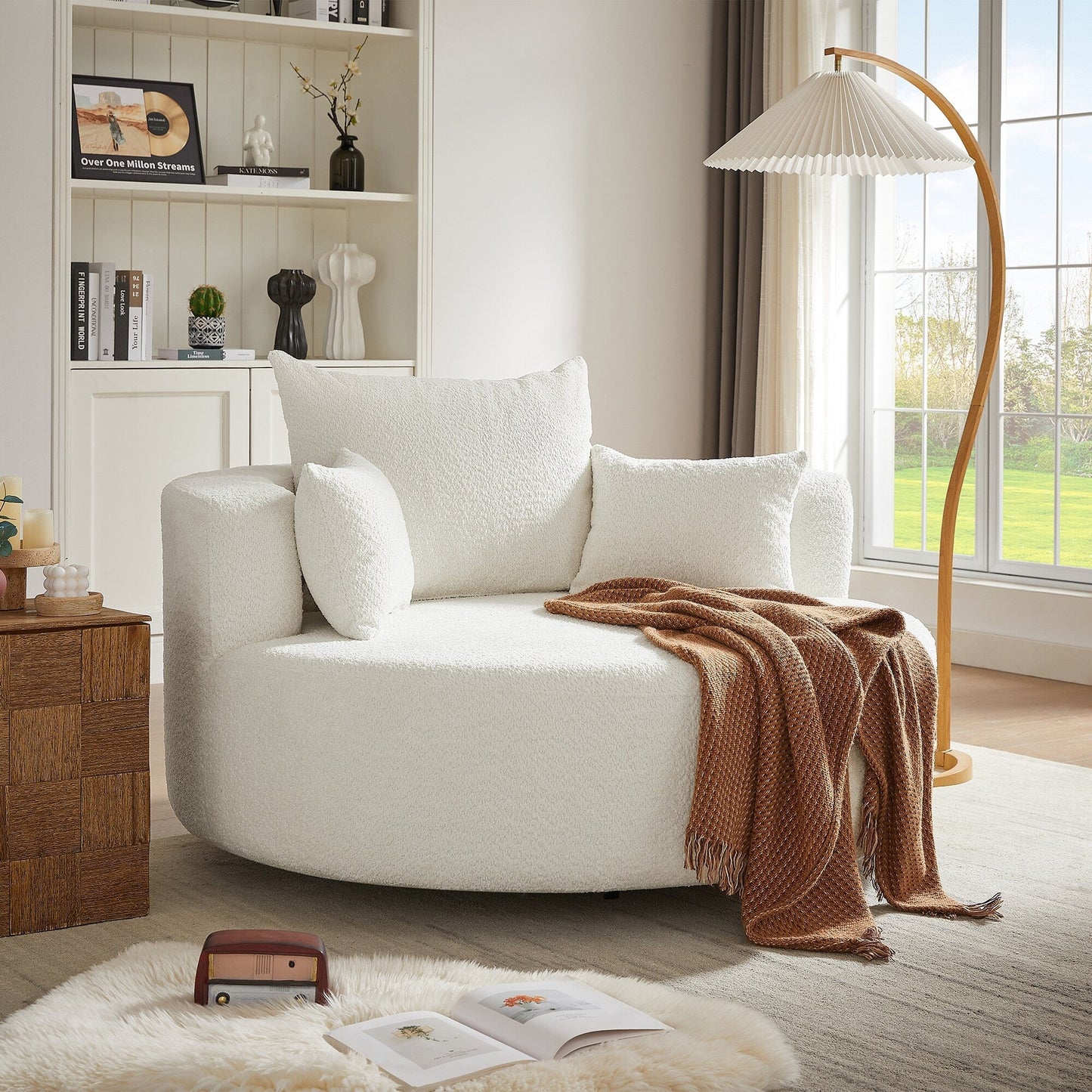 Fauteuil de salon en forme de tonneau avec accoudoirs en chenille, chaise de salon ronde avec base pivotante à 360 degrés et 3 coussins amovibles.