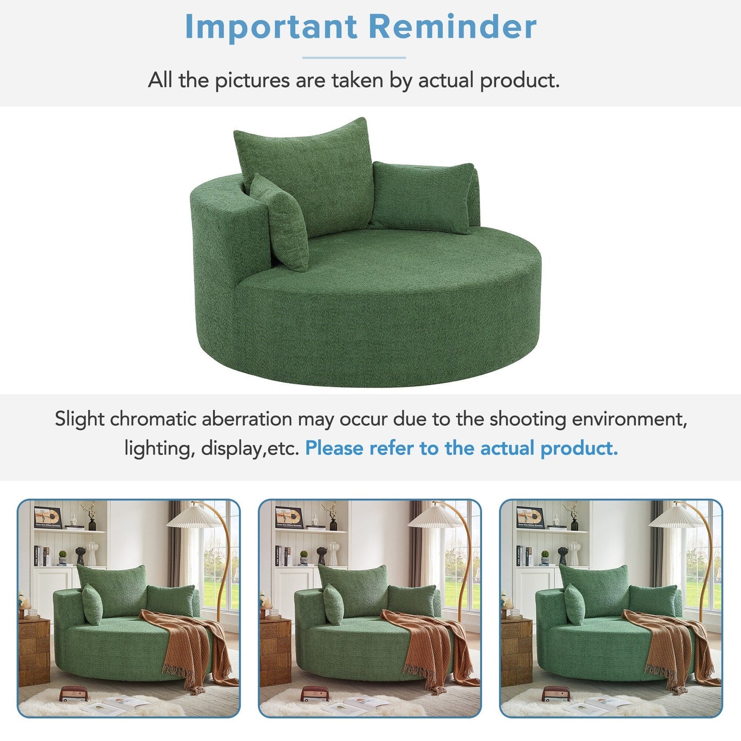 Fauteuil de salon en forme de tonneau avec accoudoirs en chenille, chaise de salon ronde avec base pivotante à 360 degrés et 3 coussins amovibles.