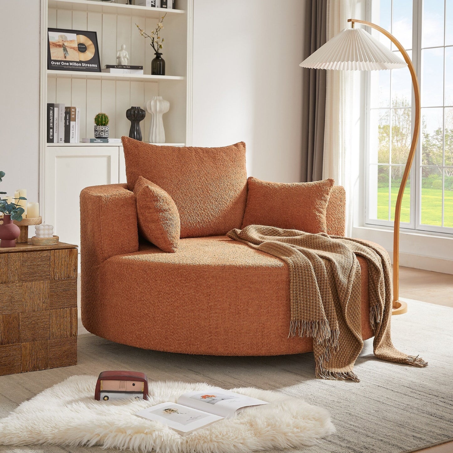 Fauteuil de salon en forme de tonneau avec accoudoirs en chenille, chaise de salon ronde avec base pivotante à 360 degrés et 3 coussins amovibles.