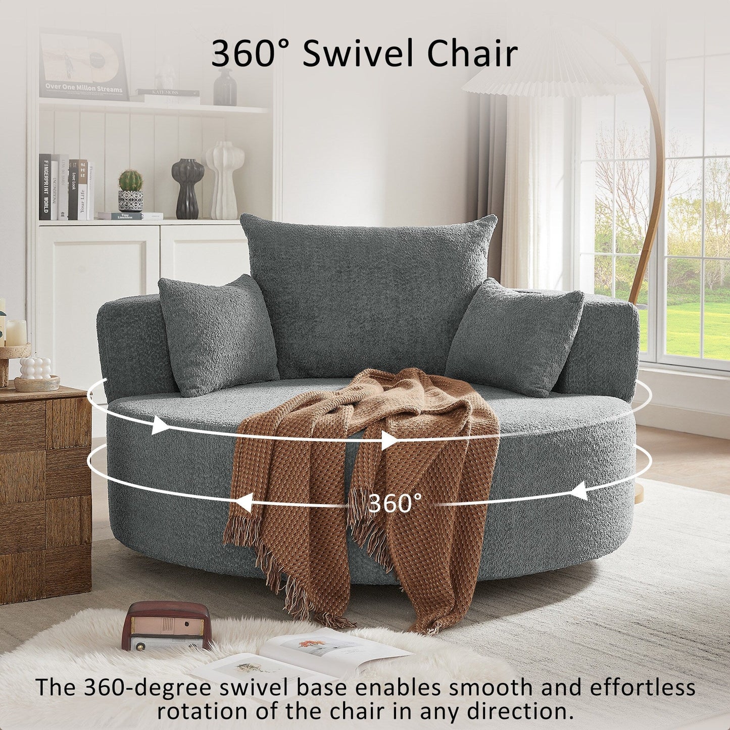 Fauteuil de salon en forme de tonneau avec accoudoirs en chenille, chaise de salon ronde avec base pivotante à 360 degrés et 3 coussins amovibles.