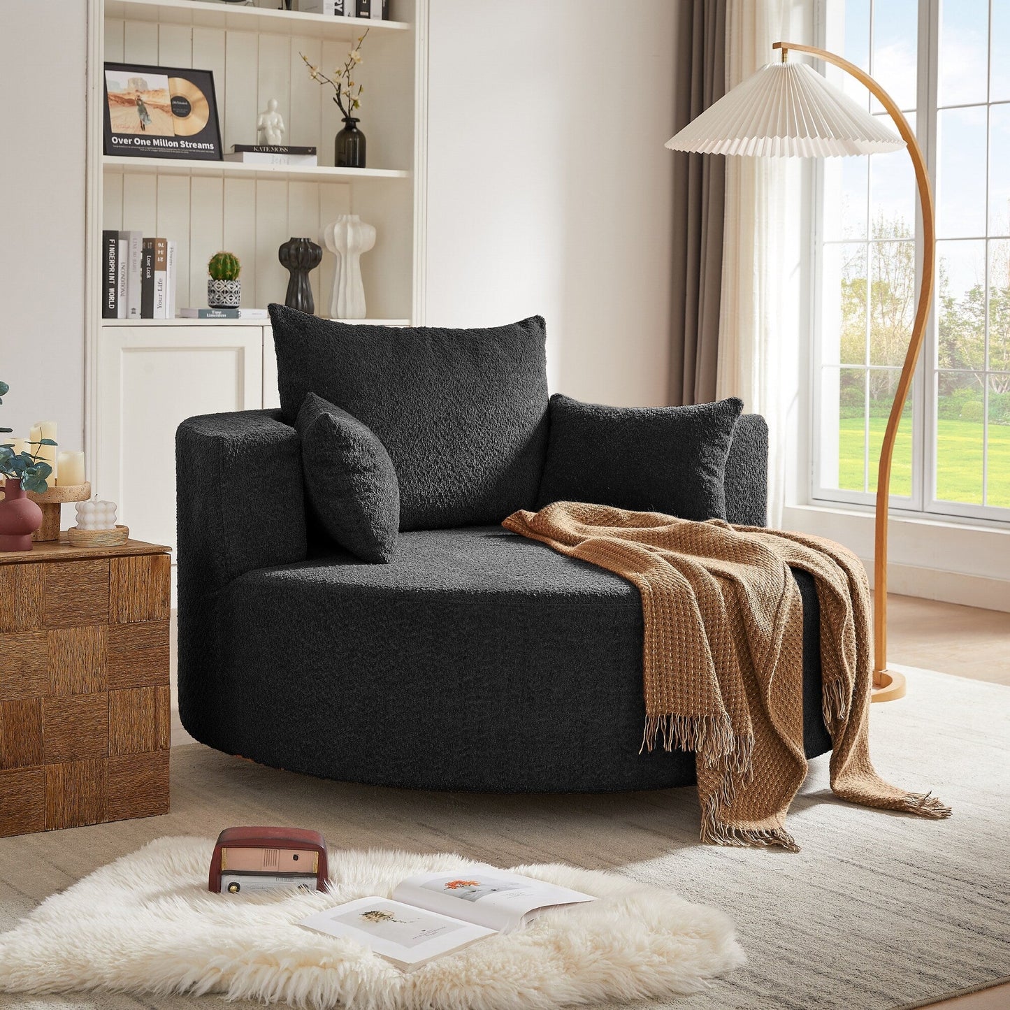 Fauteuil de salon en forme de tonneau avec accoudoirs en chenille, chaise de salon ronde avec base pivotante à 360 degrés et 3 coussins amovibles.