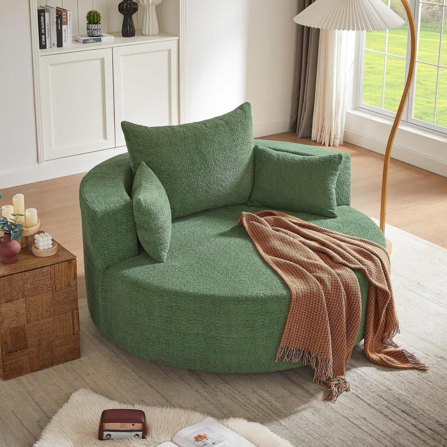 Fauteuil de salon en forme de tonneau avec accoudoirs en chenille, chaise de salon ronde avec base pivotante à 360 degrés et 3 coussins amovibles.