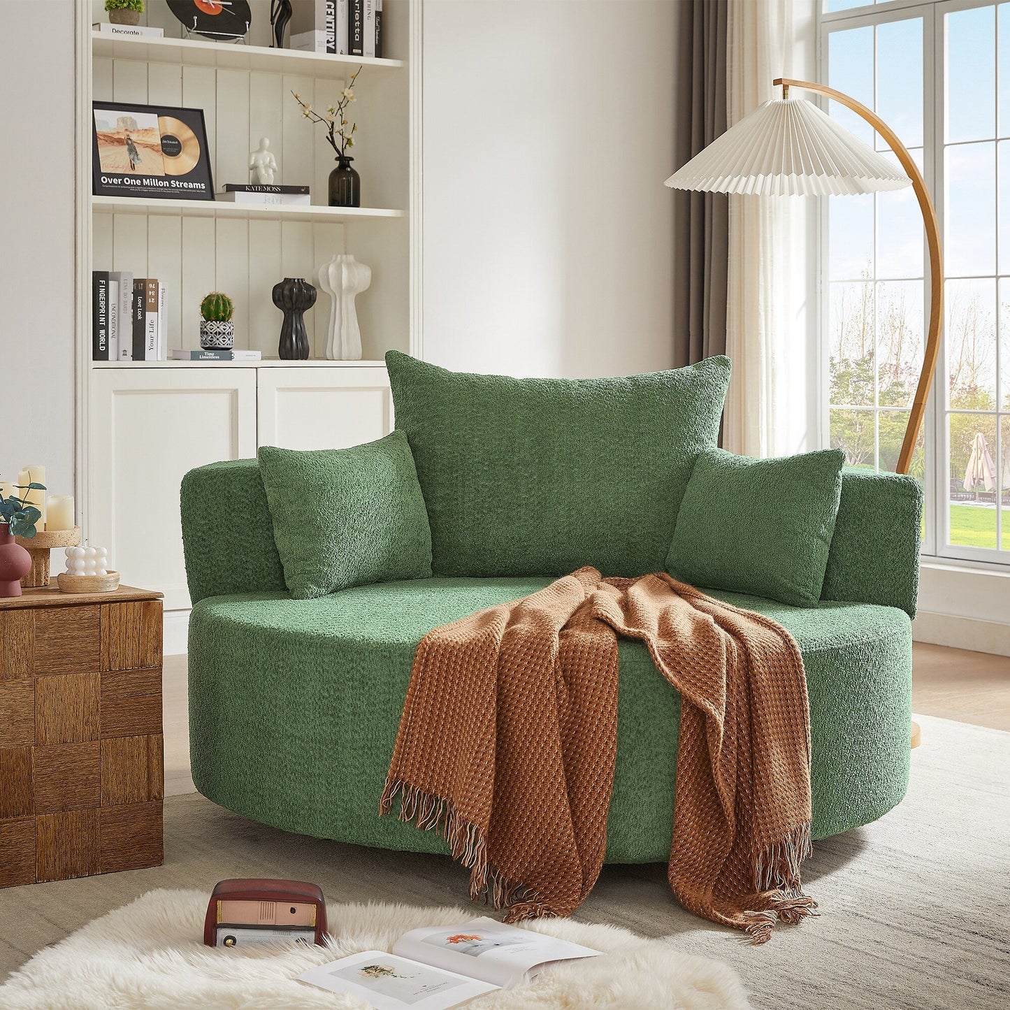Fauteuil de salon en forme de tonneau avec accoudoirs en chenille, chaise de salon ronde avec base pivotante à 360 degrés et 3 coussins amovibles.