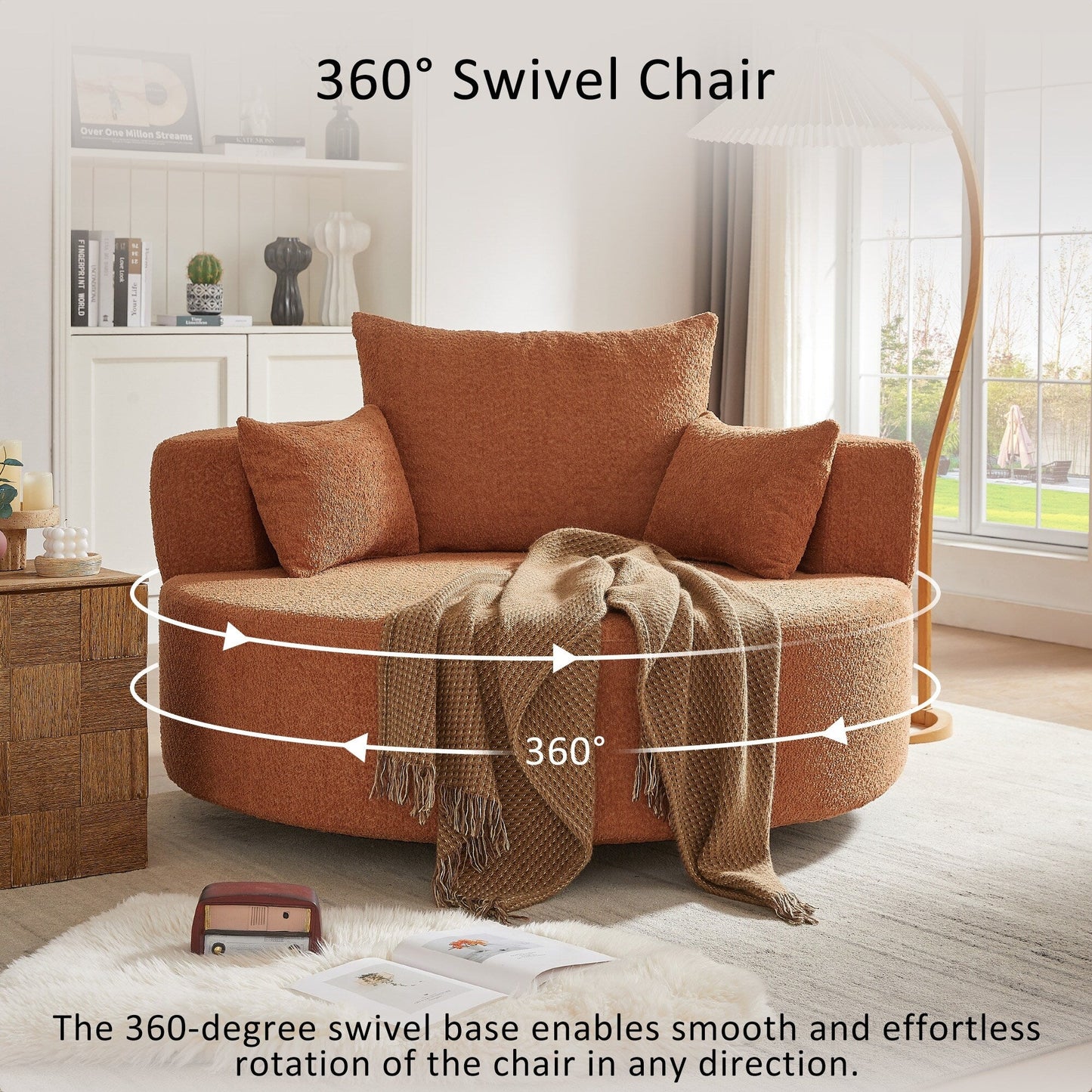Fauteuil de salon en forme de tonneau avec accoudoirs en chenille, chaise de salon ronde avec base pivotante à 360 degrés et 3 coussins amovibles.