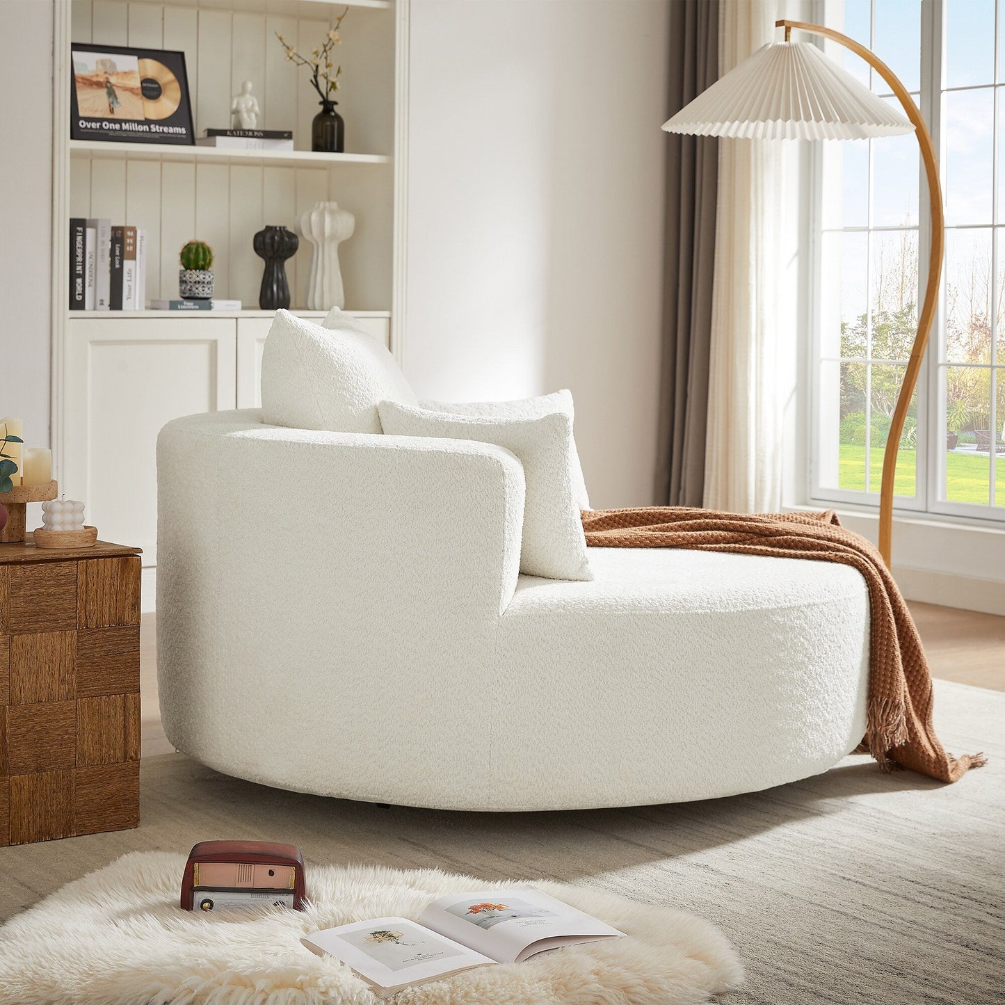 Fauteuil de salon en forme de tonneau avec accoudoirs en chenille, chaise de salon ronde avec base pivotante à 360 degrés et 3 coussins amovibles.