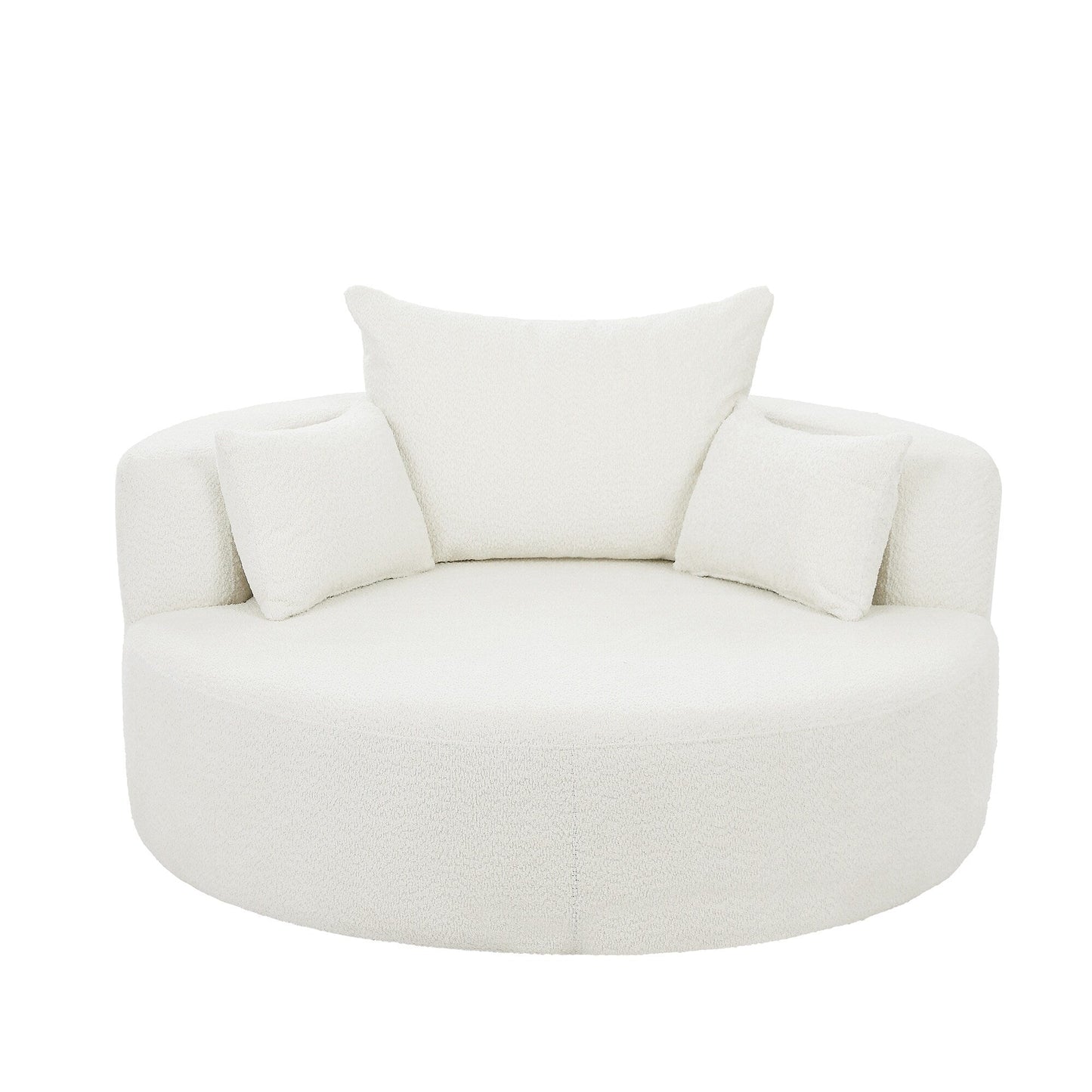 Fauteuil de salon en forme de tonneau avec accoudoirs en chenille, chaise de salon ronde avec base pivotante à 360 degrés et 3 coussins amovibles.