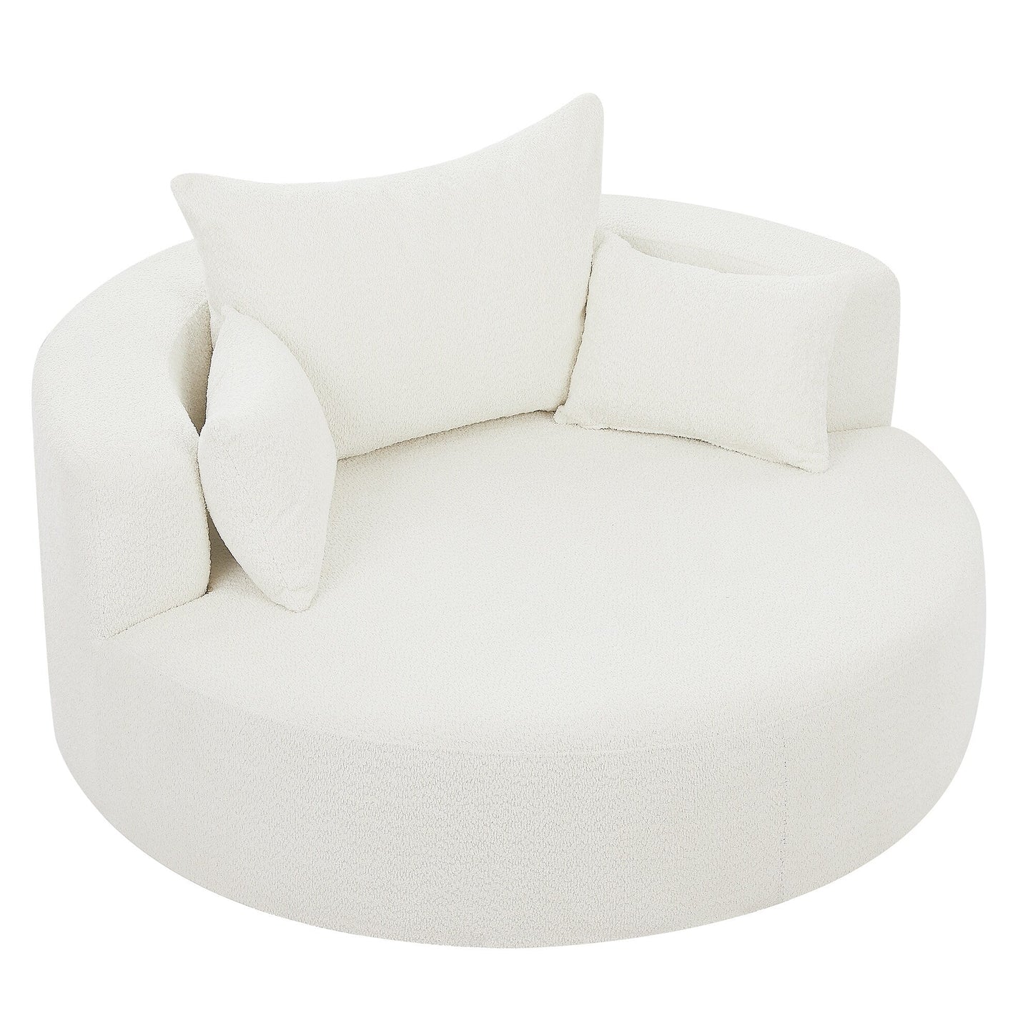 Fauteuil de salon en forme de tonneau avec accoudoirs en chenille, chaise de salon ronde avec base pivotante à 360 degrés et 3 coussins amovibles.
