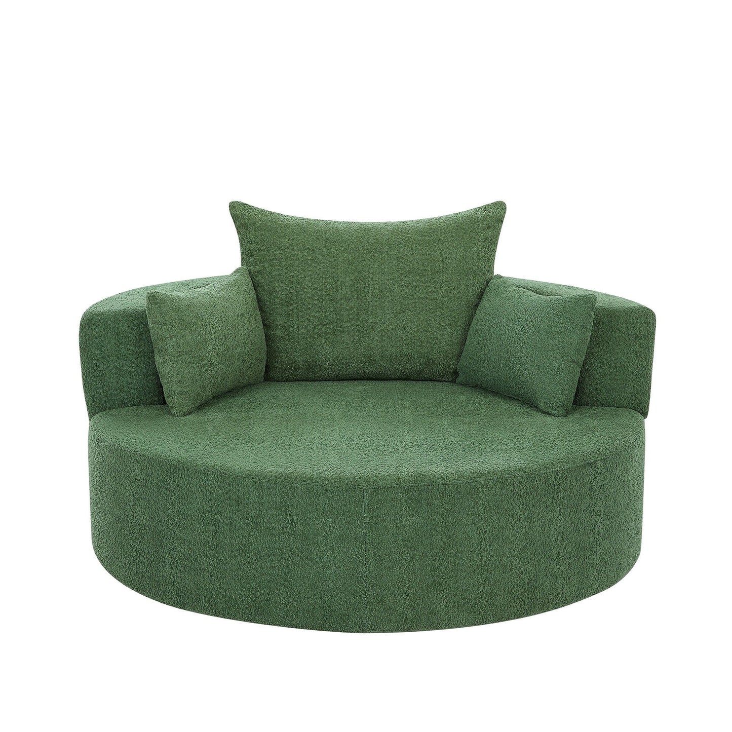 Fauteuil de salon en forme de tonneau avec accoudoirs en chenille, chaise de salon ronde avec base pivotante à 360 degrés et 3 coussins amovibles.
