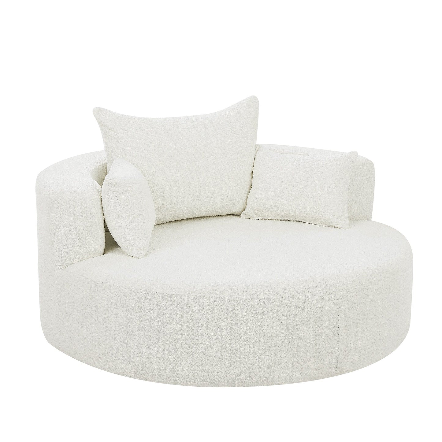 Fauteuil de salon en forme de tonneau avec accoudoirs en chenille, chaise de salon ronde avec base pivotante à 360 degrés et 3 coussins amovibles.