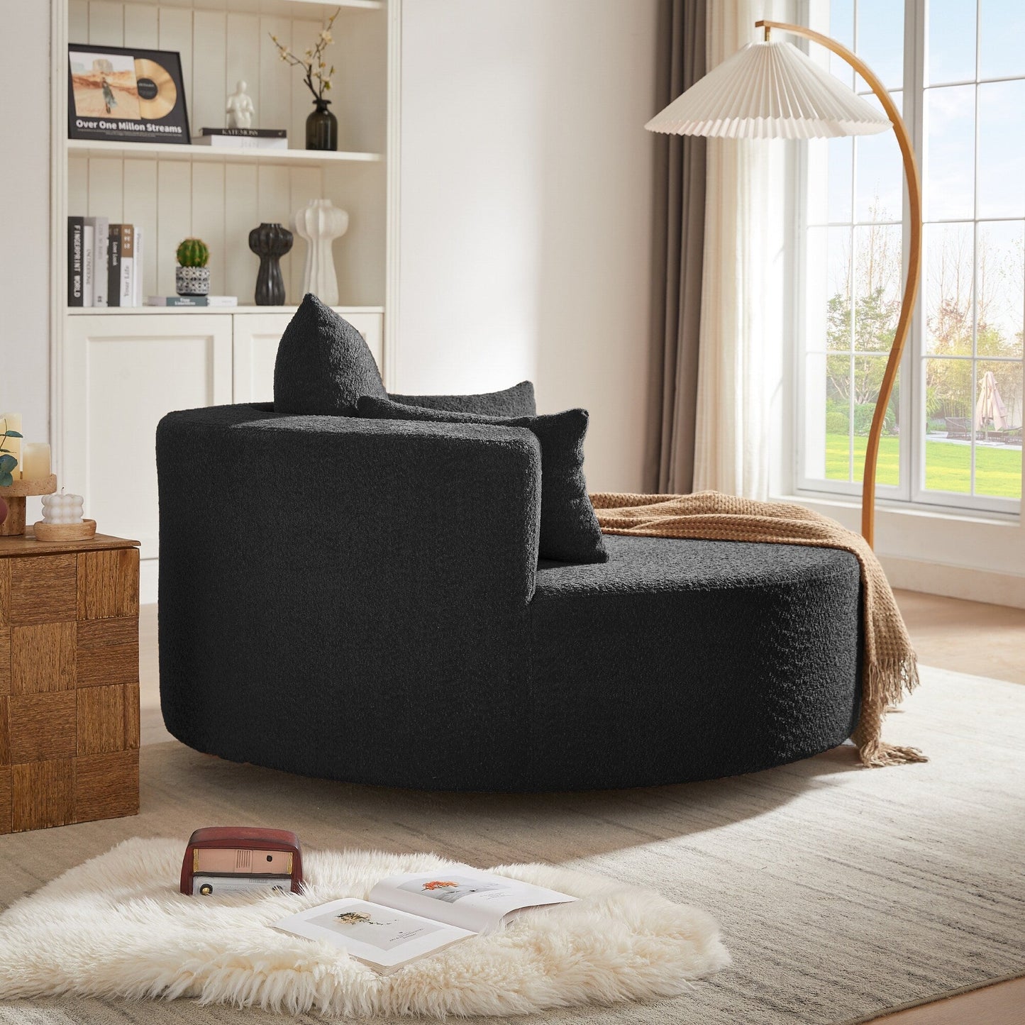 Fauteuil de salon en forme de tonneau avec accoudoirs en chenille, chaise de salon ronde avec base pivotante à 360 degrés et 3 coussins amovibles.