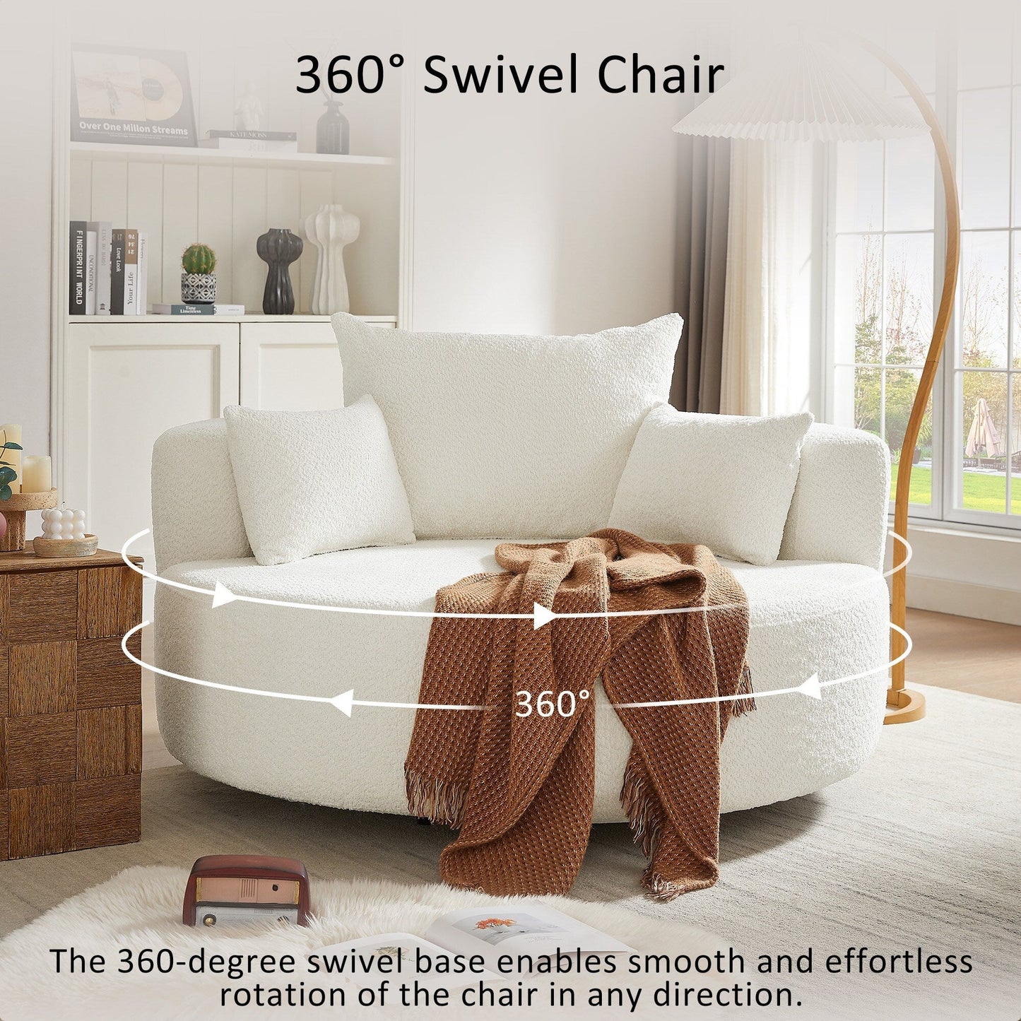 Fauteuil de salon en forme de tonneau avec accoudoirs en chenille, chaise de salon ronde avec base pivotante à 360 degrés et 3 coussins amovibles.