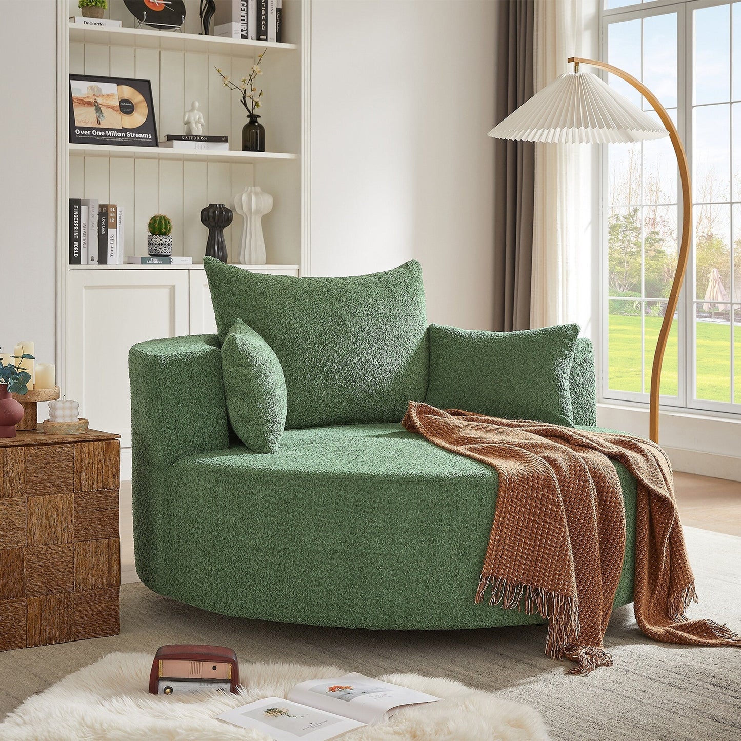 Fauteuil de salon en forme de tonneau avec accoudoirs en chenille, chaise de salon ronde avec base pivotante à 360 degrés et 3 coussins amovibles.