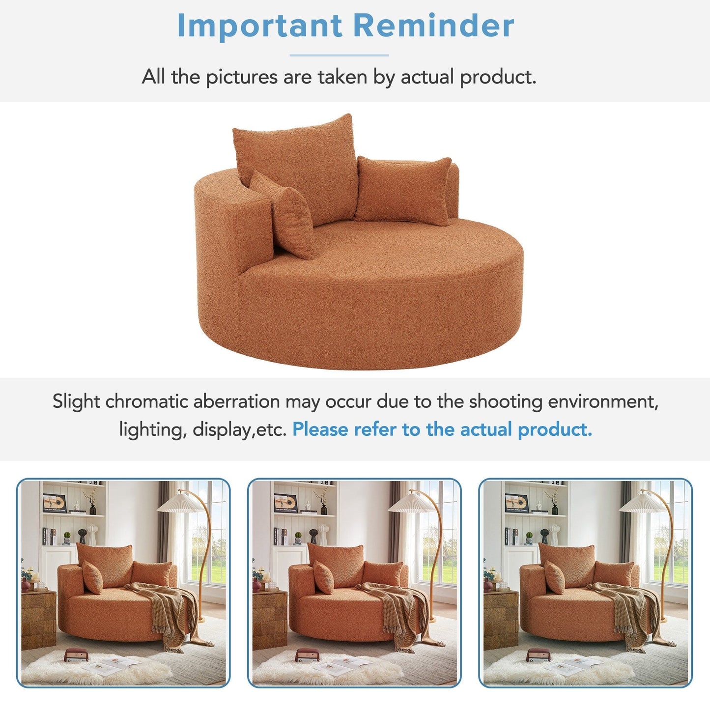 Fauteuil de salon en forme de tonneau avec accoudoirs en chenille, chaise de salon ronde avec base pivotante à 360 degrés et 3 coussins amovibles.