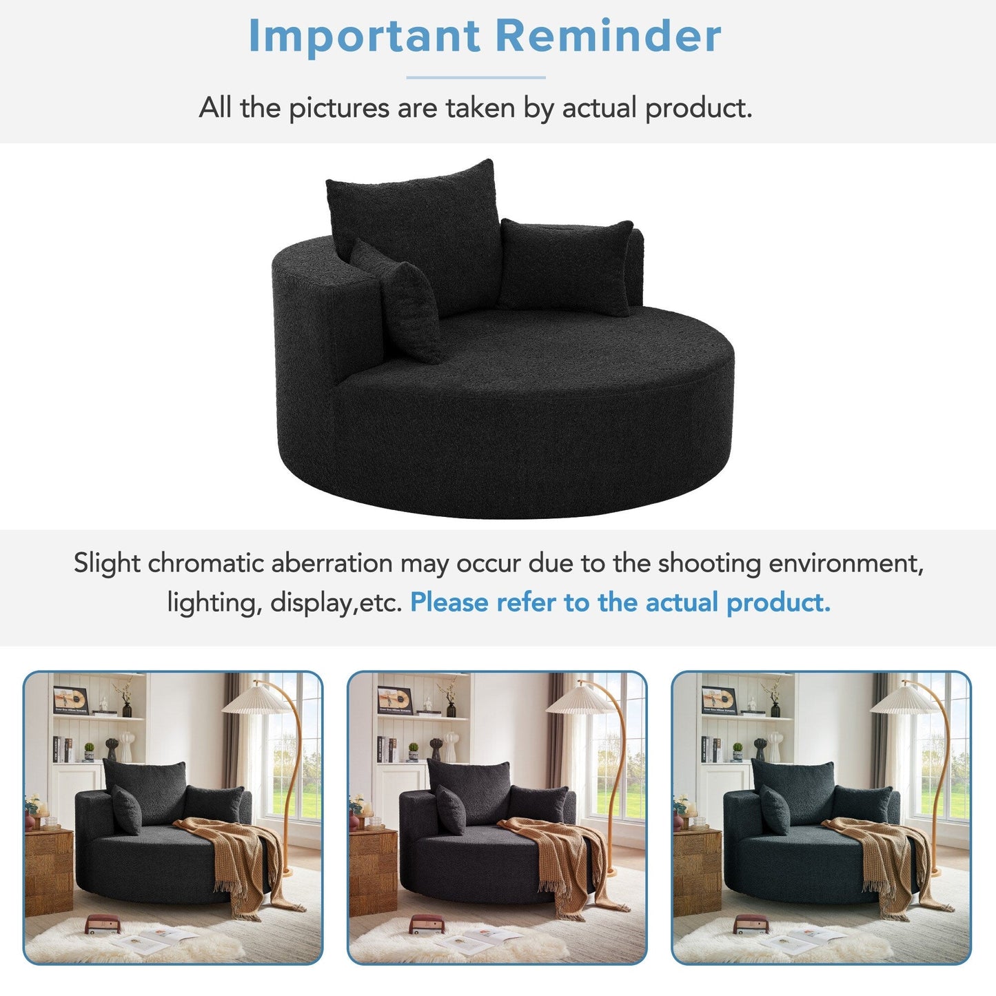 Fauteuil de salon en forme de tonneau avec accoudoirs en chenille, chaise de salon ronde avec base pivotante à 360 degrés et 3 coussins amovibles.