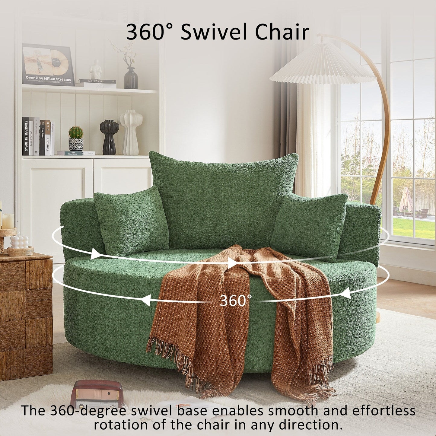 Fauteuil de salon en forme de tonneau avec accoudoirs en chenille, chaise de salon ronde avec base pivotante à 360 degrés et 3 coussins amovibles.
