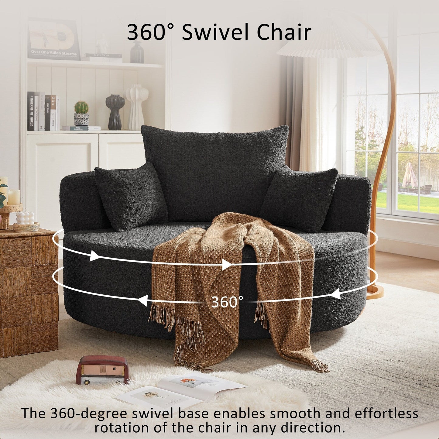 Fauteuil de salon en forme de tonneau avec accoudoirs en chenille, chaise de salon ronde avec base pivotante à 360 degrés et 3 coussins amovibles.