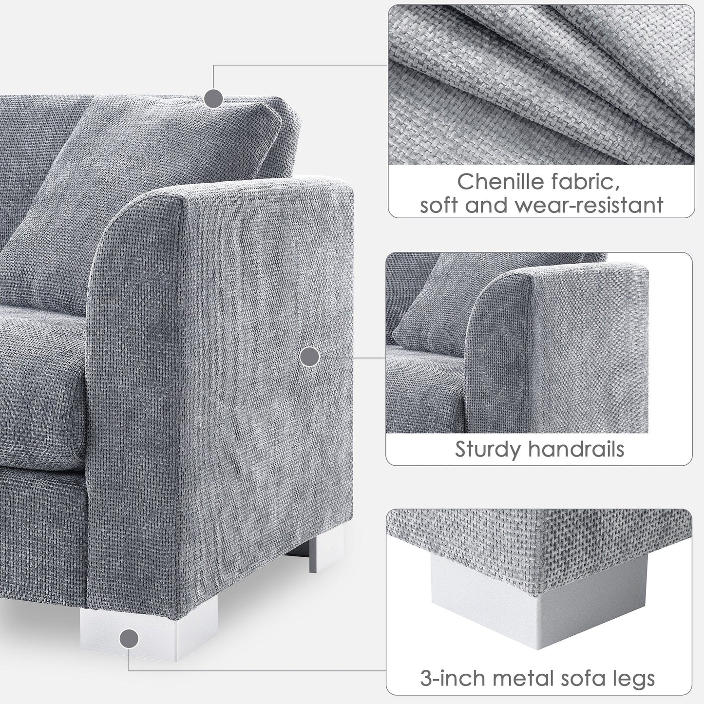 Canapé d'angle Cloud, ensemble de canapé de luxe en forme de L avec 2 coussins gratuits, meuble d'intérieur en chenille 4 places avec chaise longue surdimensionnée
