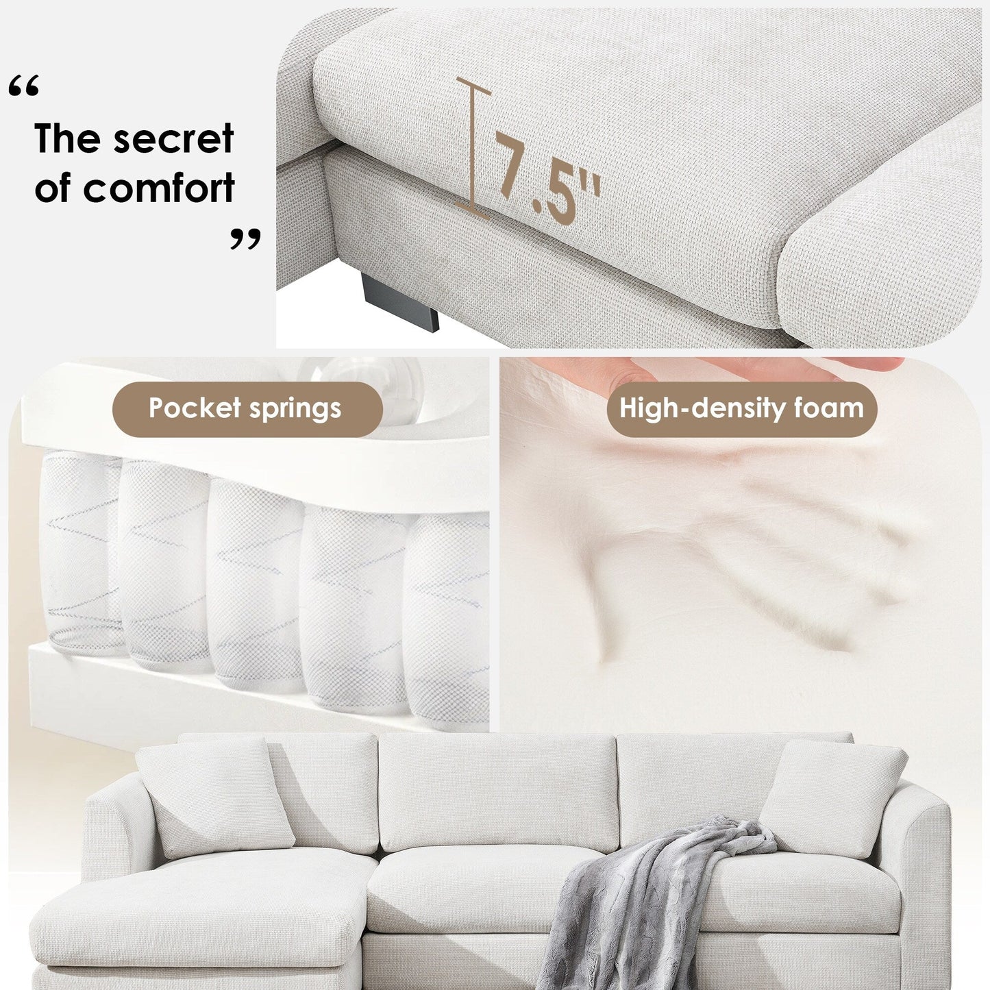 Canapé d'angle Cloud, ensemble de canapé de luxe en forme de L avec 2 coussins gratuits, meuble d'intérieur en chenille 4 places avec chaise longue surdimensionnée