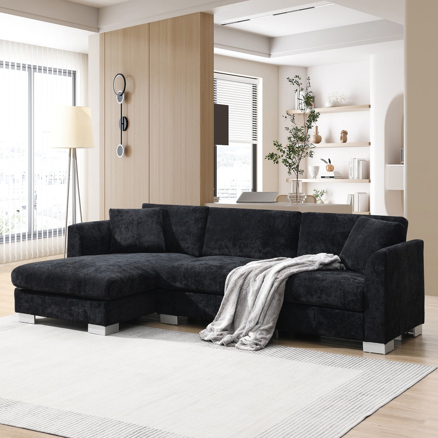 Canapé d'angle Cloud, ensemble de canapé de luxe en forme de L avec 2 coussins gratuits, meuble d'intérieur en chenille 4 places avec chaise longue surdimensionnée