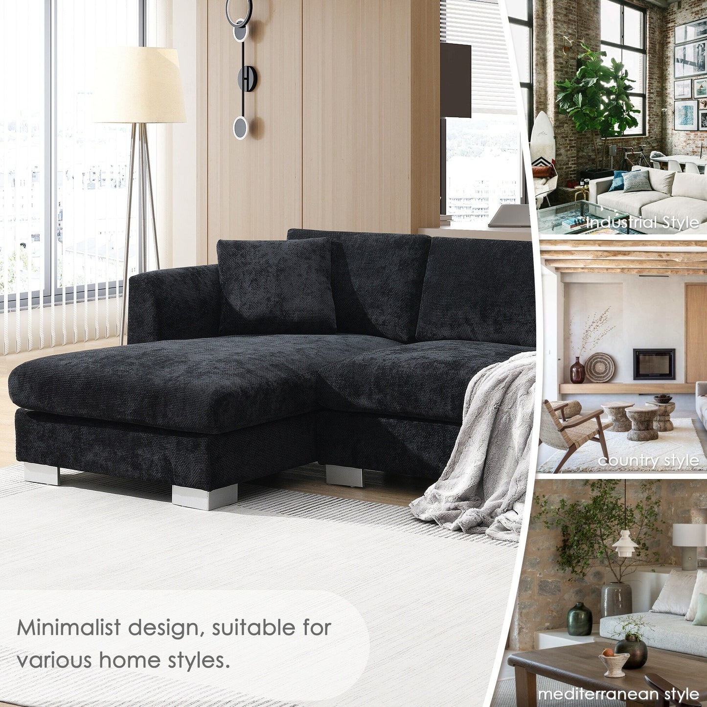 Canapé d'angle Cloud, ensemble de canapé de luxe en forme de L avec 2 coussins gratuits, meuble d'intérieur en chenille 4 places avec chaise longue surdimensionnée