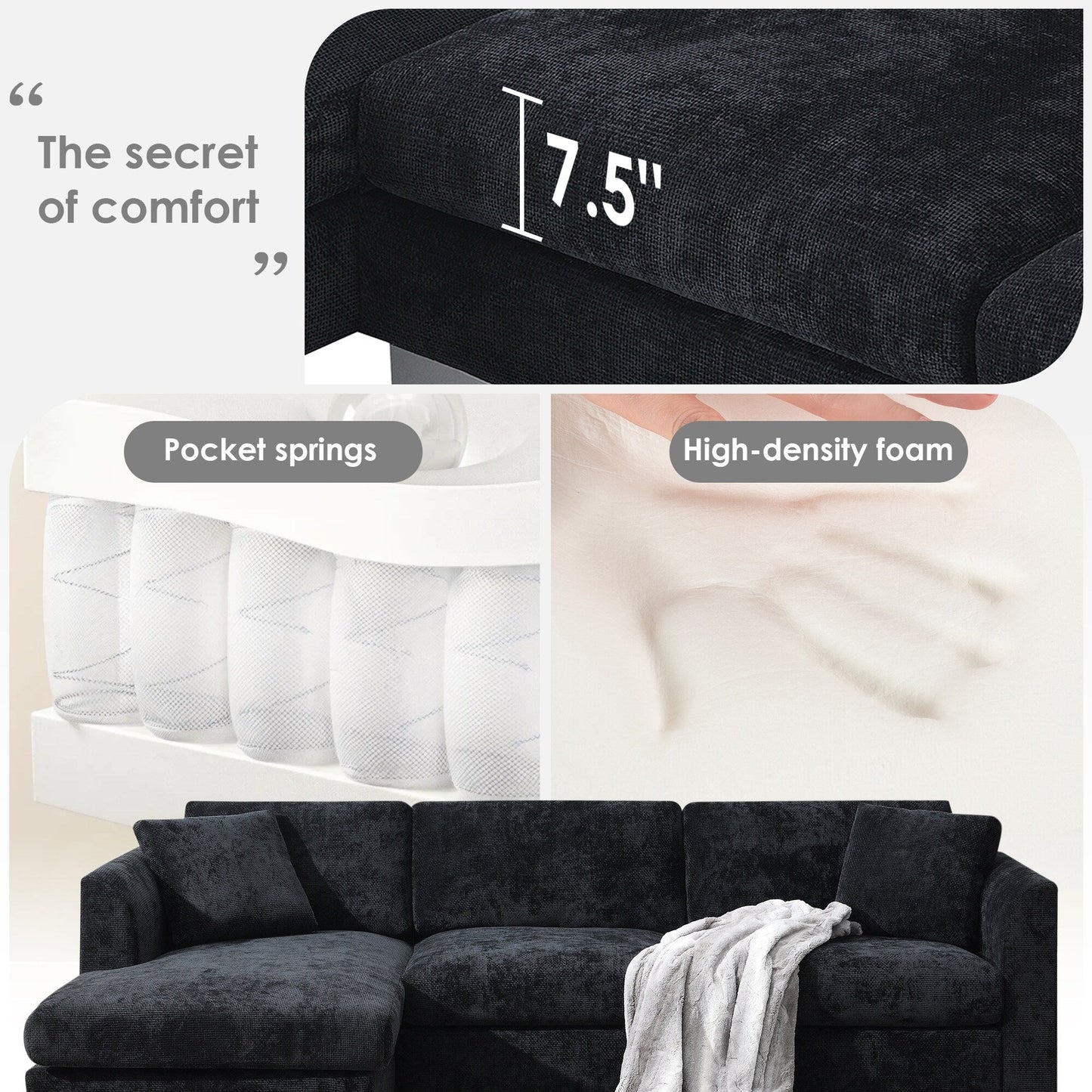Canapé d'angle Cloud, ensemble de canapé de luxe en forme de L avec 2 coussins gratuits, meuble d'intérieur en chenille 4 places avec chaise longue surdimensionnée