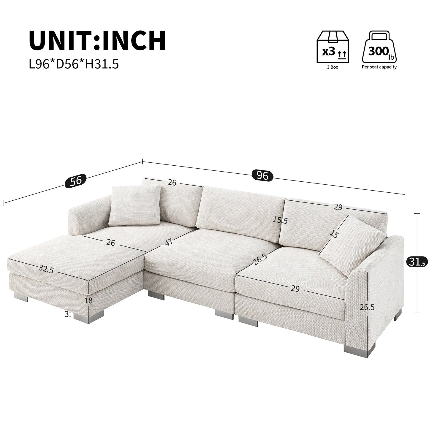 Canapé d'angle Cloud, ensemble de canapé de luxe en forme de L avec 2 coussins gratuits, meuble d'intérieur en chenille 4 places avec chaise longue surdimensionnée
