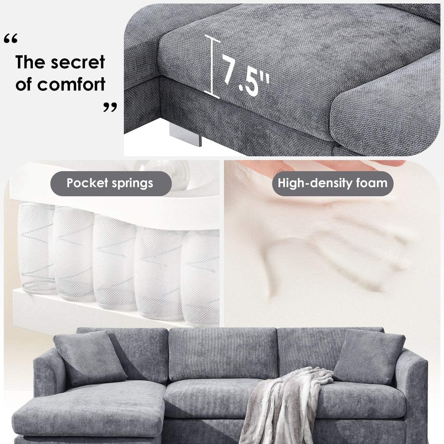 Canapé d'angle Cloud, ensemble de canapé de luxe en forme de L avec 2 coussins gratuits, meuble d'intérieur en chenille 4 places avec chaise longue surdimensionnée