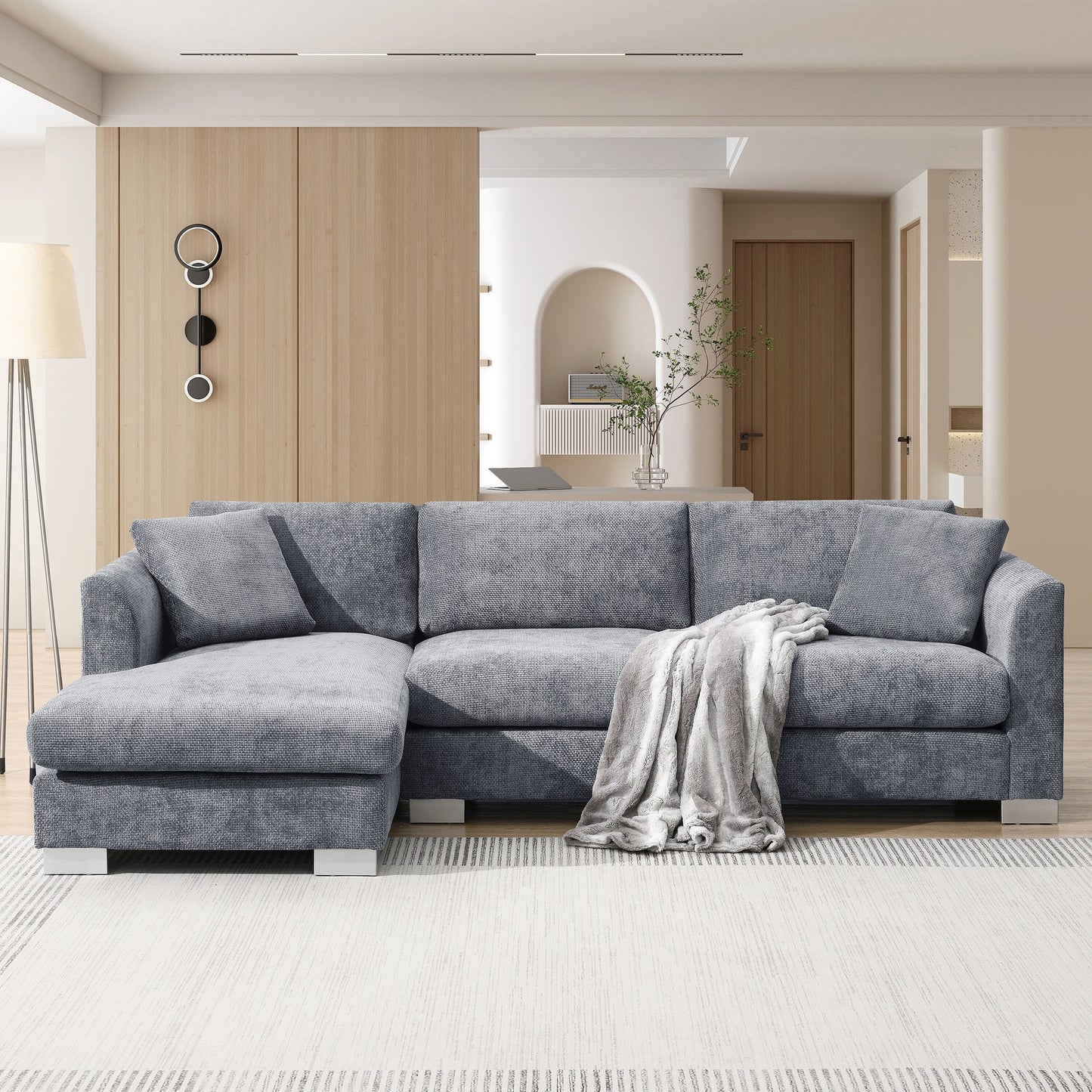 Canapé d'angle Cloud, ensemble de canapé de luxe en forme de L avec 2 coussins gratuits, meuble d'intérieur en chenille 4 places avec chaise longue surdimensionnée