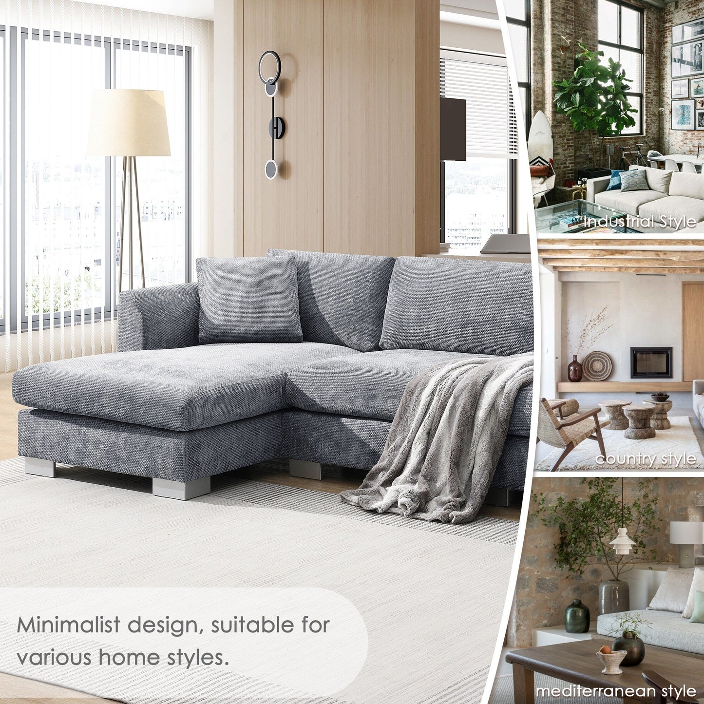 Canapé d'angle Cloud, ensemble de canapé de luxe en forme de L avec 2 coussins gratuits, meuble d'intérieur en chenille 4 places avec chaise longue surdimensionnée