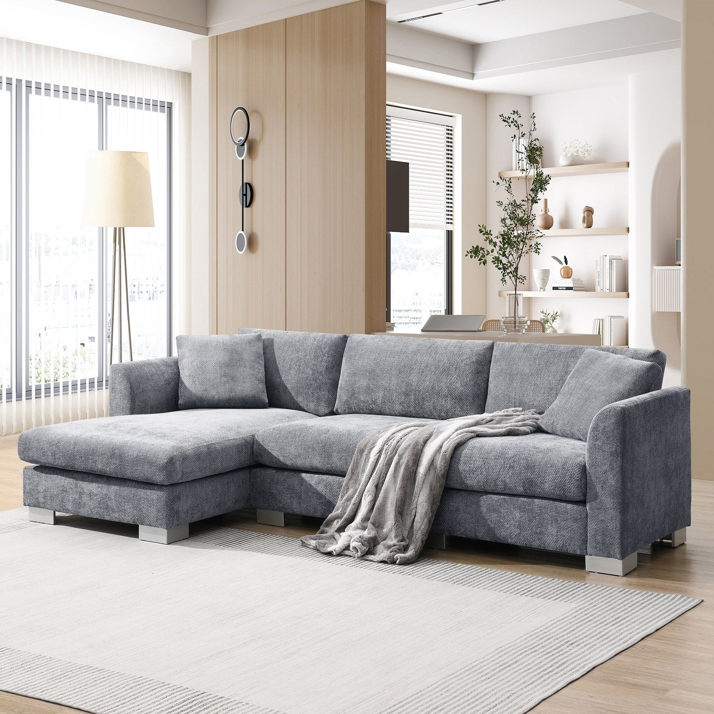 Canapé d'angle Cloud, ensemble de canapé de luxe en forme de L avec 2 coussins gratuits, meuble d'intérieur en chenille 4 places avec chaise longue surdimensionnée