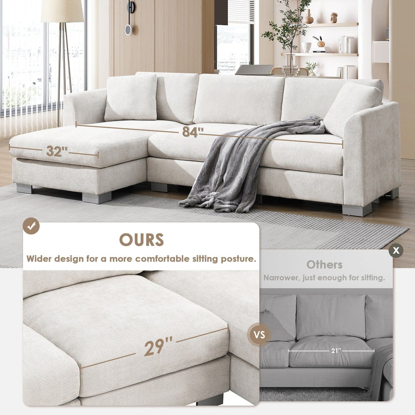Canapé d'angle Cloud, ensemble de canapé de luxe en forme de L avec 2 coussins gratuits, meuble d'intérieur en chenille 4 places avec chaise longue surdimensionnée