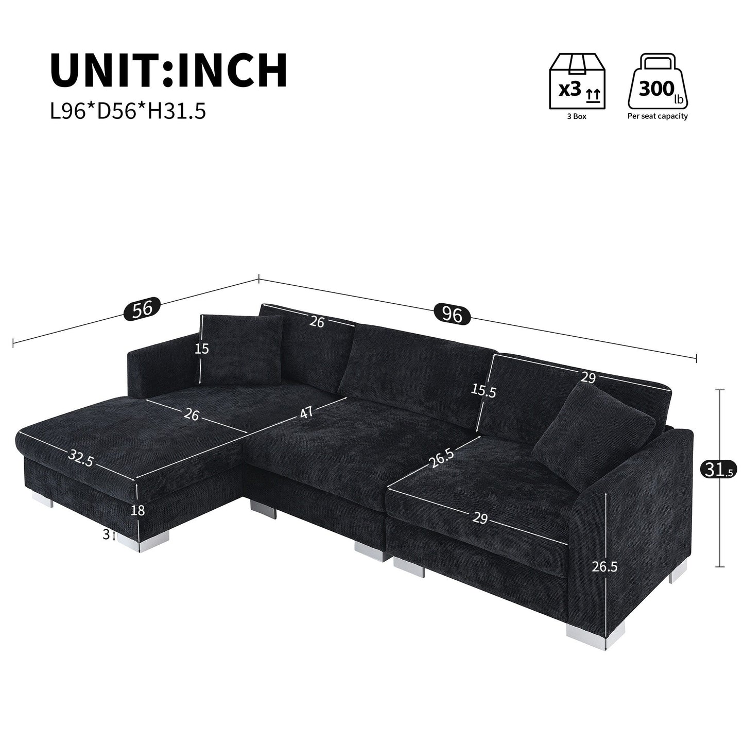 Canapé d'angle Cloud, ensemble de canapé de luxe en forme de L avec 2 coussins gratuits, meuble d'intérieur en chenille 4 places avec chaise longue surdimensionnée