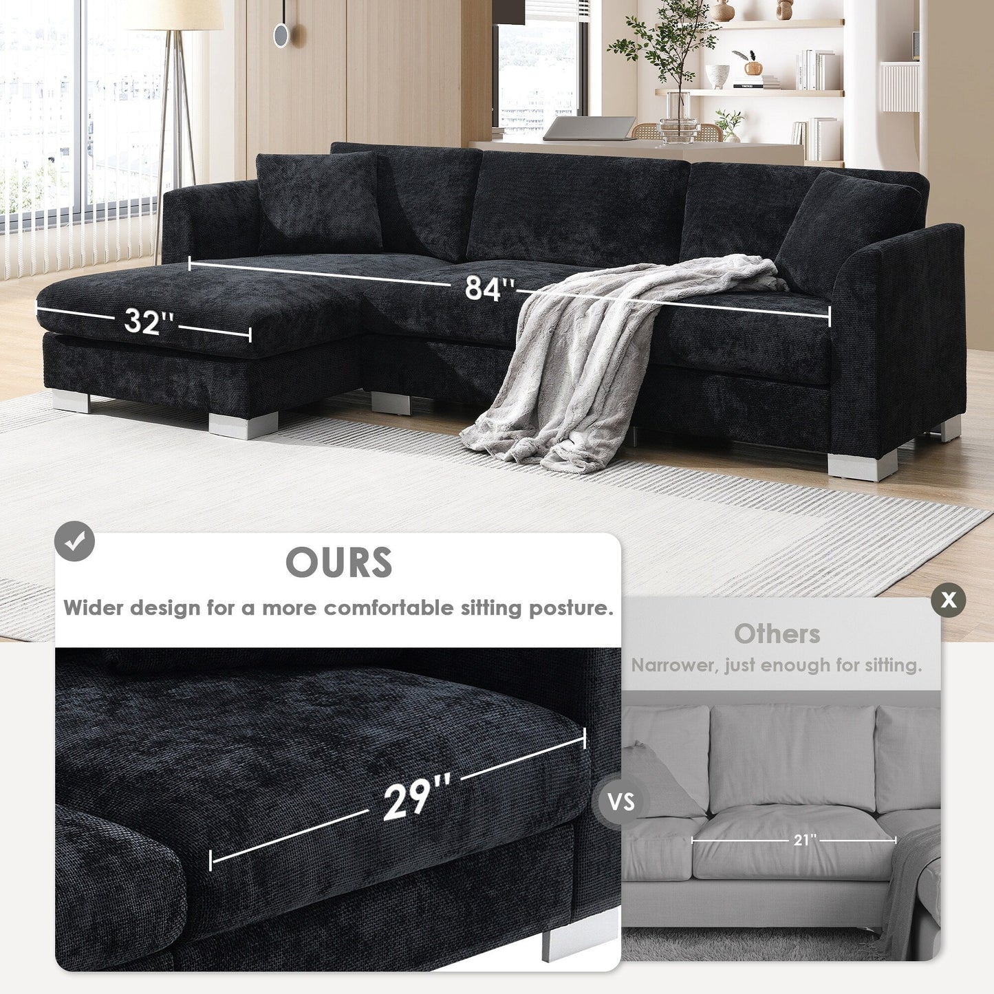 Canapé d'angle Cloud, ensemble de canapé de luxe en forme de L avec 2 coussins gratuits, meuble d'intérieur en chenille 4 places avec chaise longue surdimensionnée