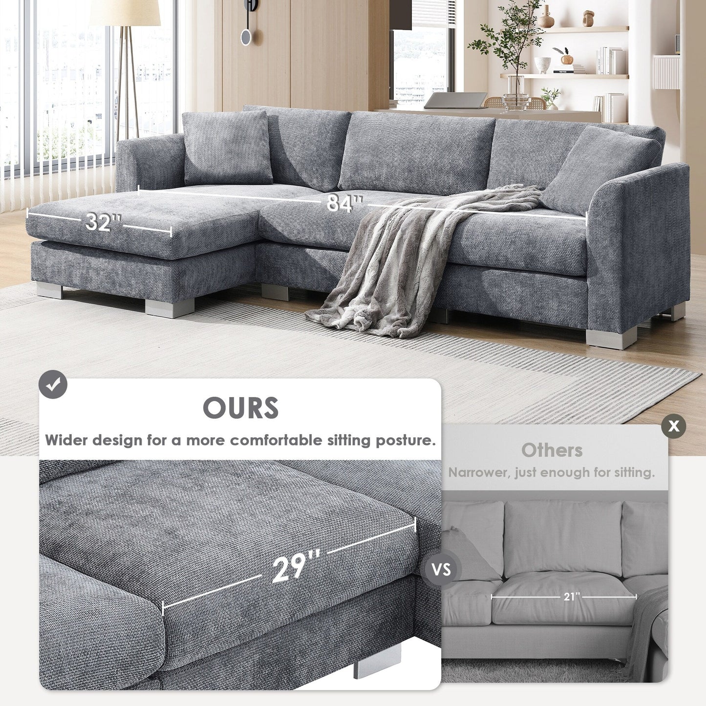 Canapé d'angle Cloud, ensemble de canapé de luxe en forme de L avec 2 coussins gratuits, meuble d'intérieur en chenille 4 places avec chaise longue surdimensionnée
