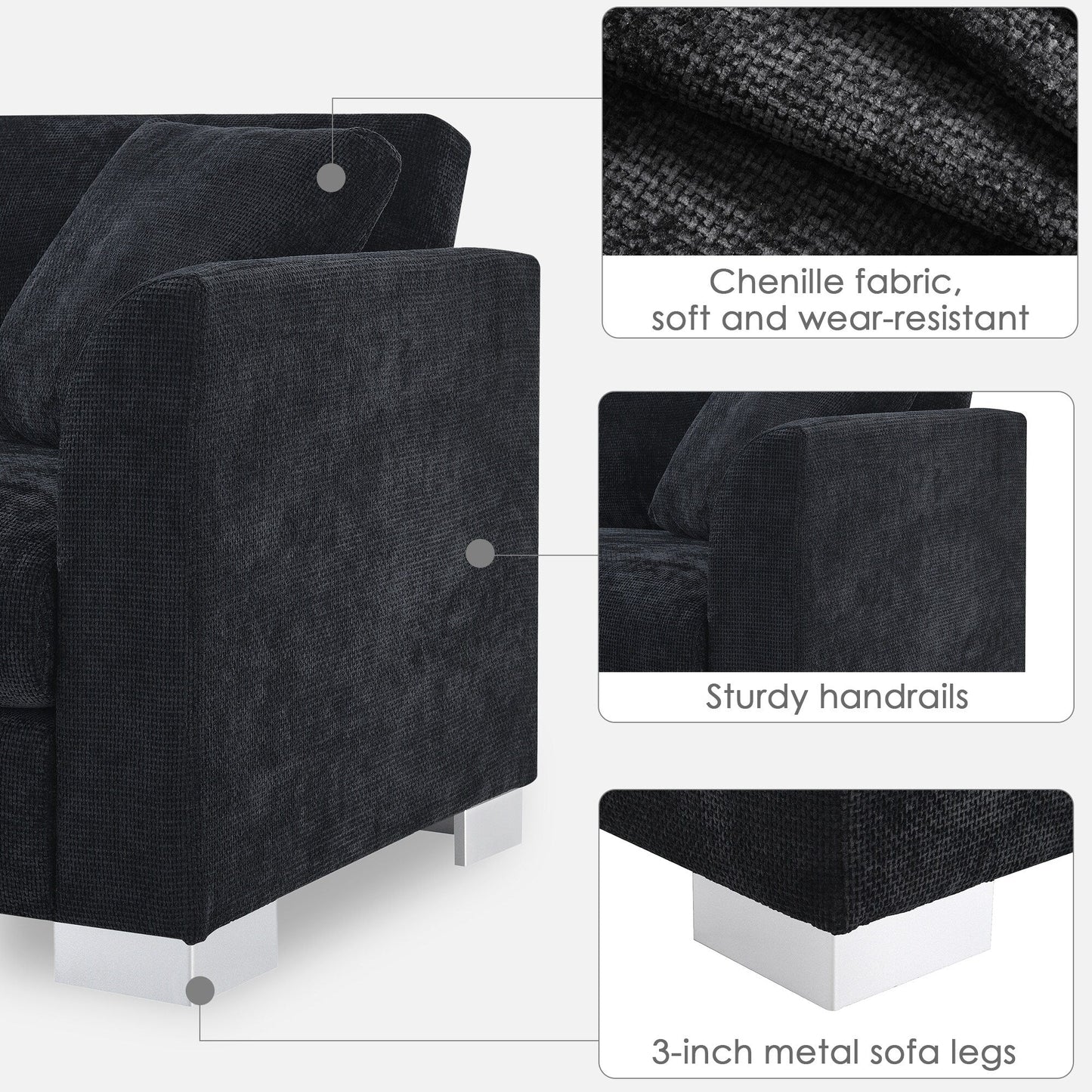 Canapé d'angle Cloud, ensemble de canapé de luxe en forme de L avec 2 coussins gratuits, meuble d'intérieur en chenille 4 places avec chaise longue surdimensionnée