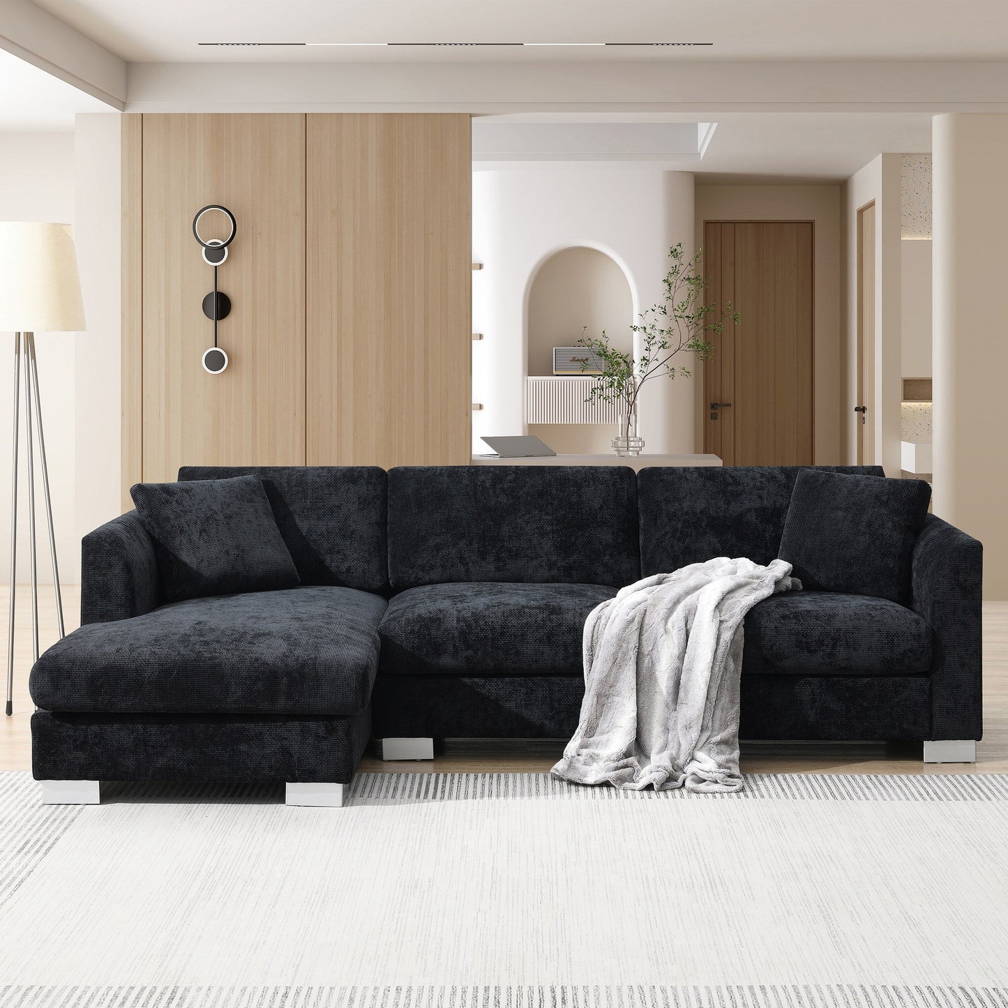 Canapé d'angle Cloud, ensemble de canapé de luxe en forme de L avec 2 coussins gratuits, meuble d'intérieur en chenille 4 places avec chaise longue surdimensionnée