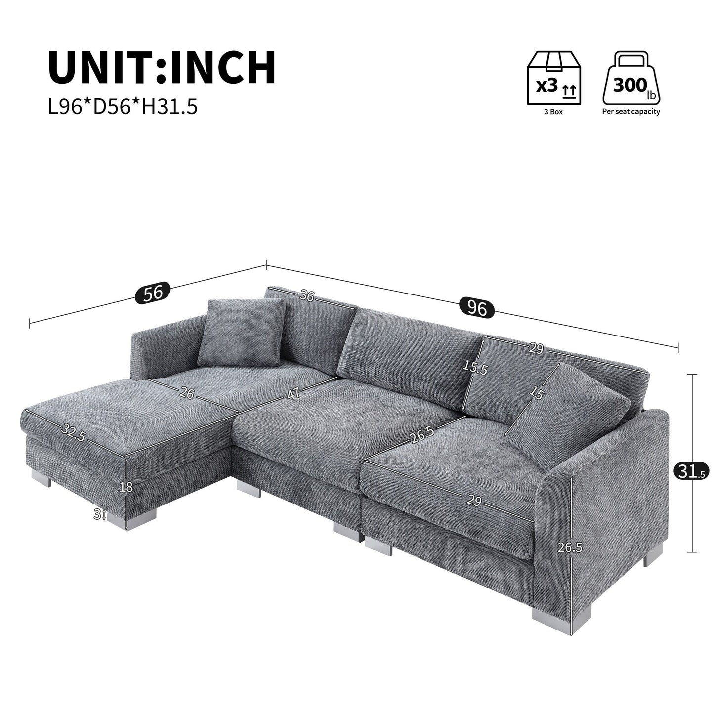 Canapé d'angle Cloud, ensemble de canapé de luxe en forme de L avec 2 coussins gratuits, meuble d'intérieur en chenille 4 places avec chaise longue surdimensionnée