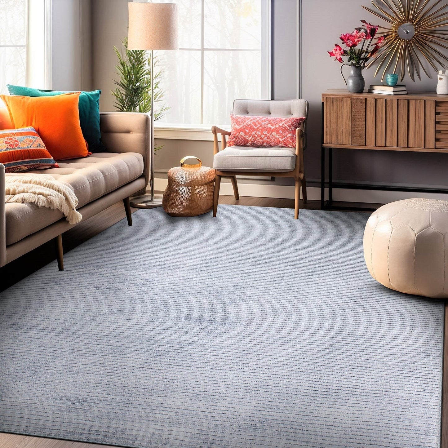 Contemporary Distressed Stripe Machine Washable Area Rug