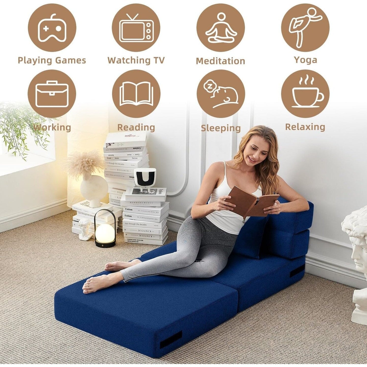 Canapé-lit convertible et pliable - Fauteuil-lit moderne en lin avec coussin et matelas pliable pour salon/chambre d'étudiant/chambre d'amis