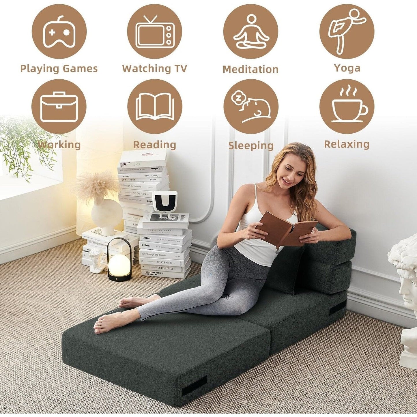 Canapé-lit convertible et pliable - Fauteuil-lit moderne en lin avec coussin et matelas pliable pour salon/chambre d'étudiant/chambre d'amis