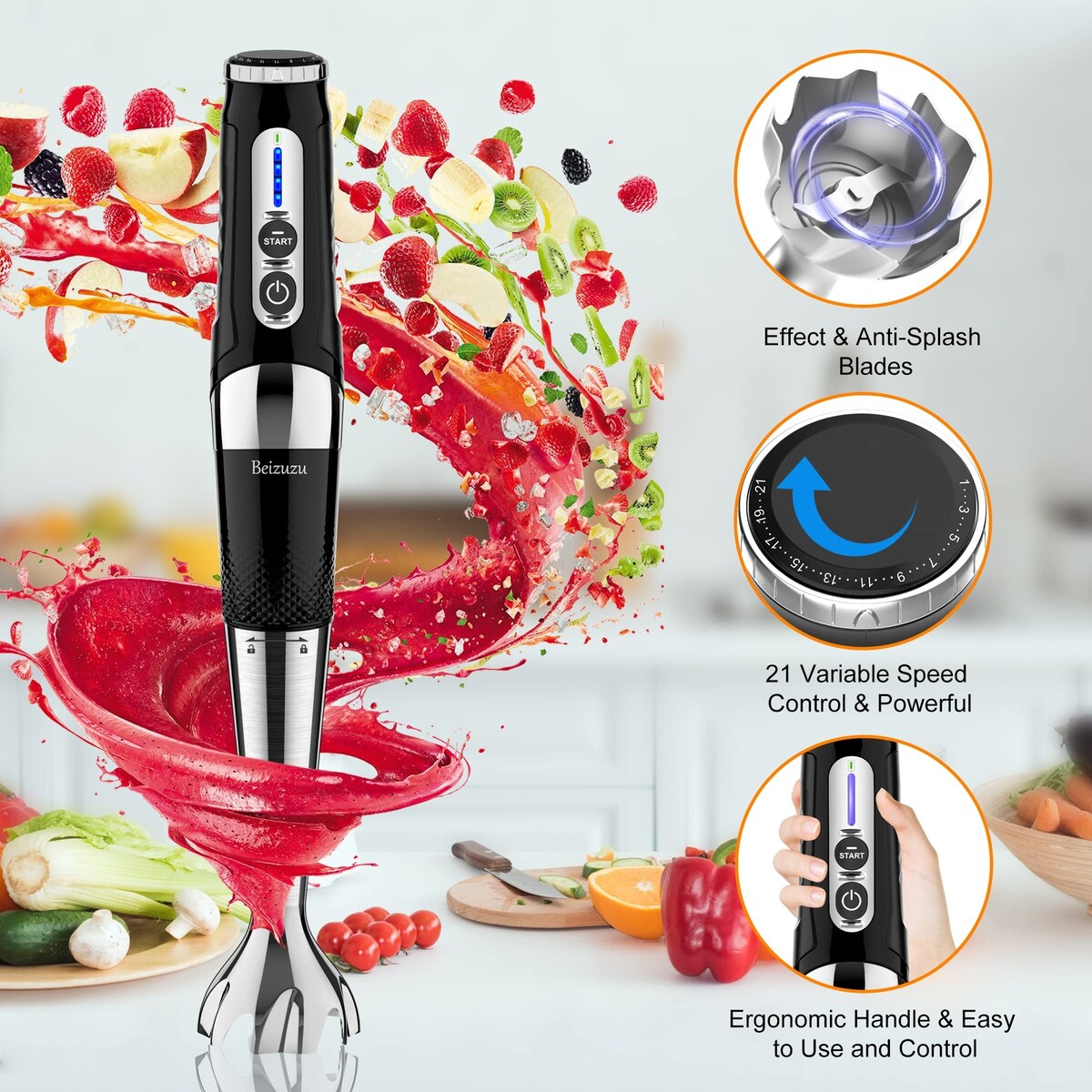 Mixeur à main sans fil : Mixeur plongeant rechargeable par USB 4-en-1, 21 vitesses variables et angle réglable à 3 positions avec hachoir de 700 ml